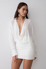Soleia Cowl Drape Shirt Dress - White