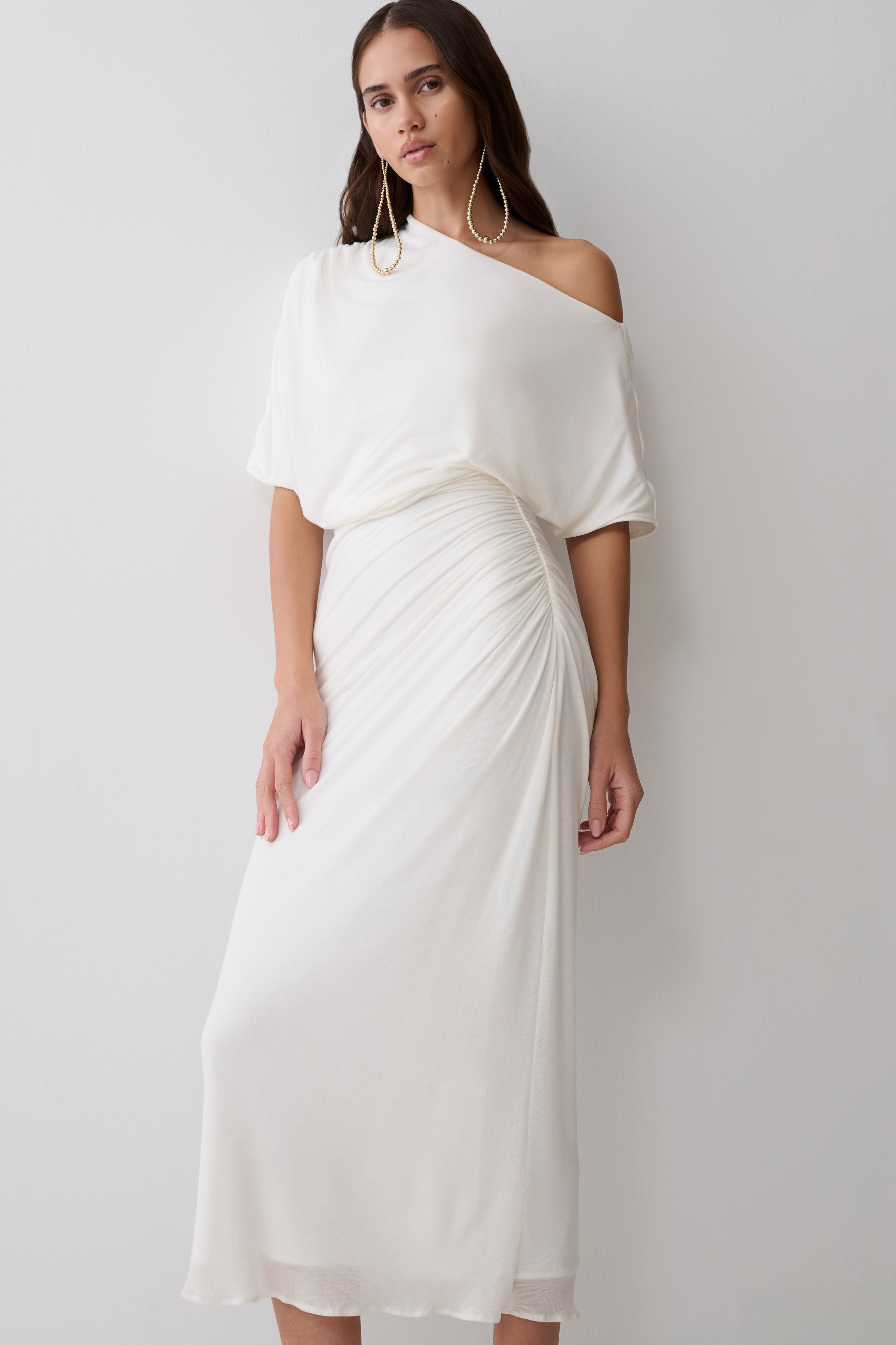 Alva Wool Lyocell Draped Midi Dress - White