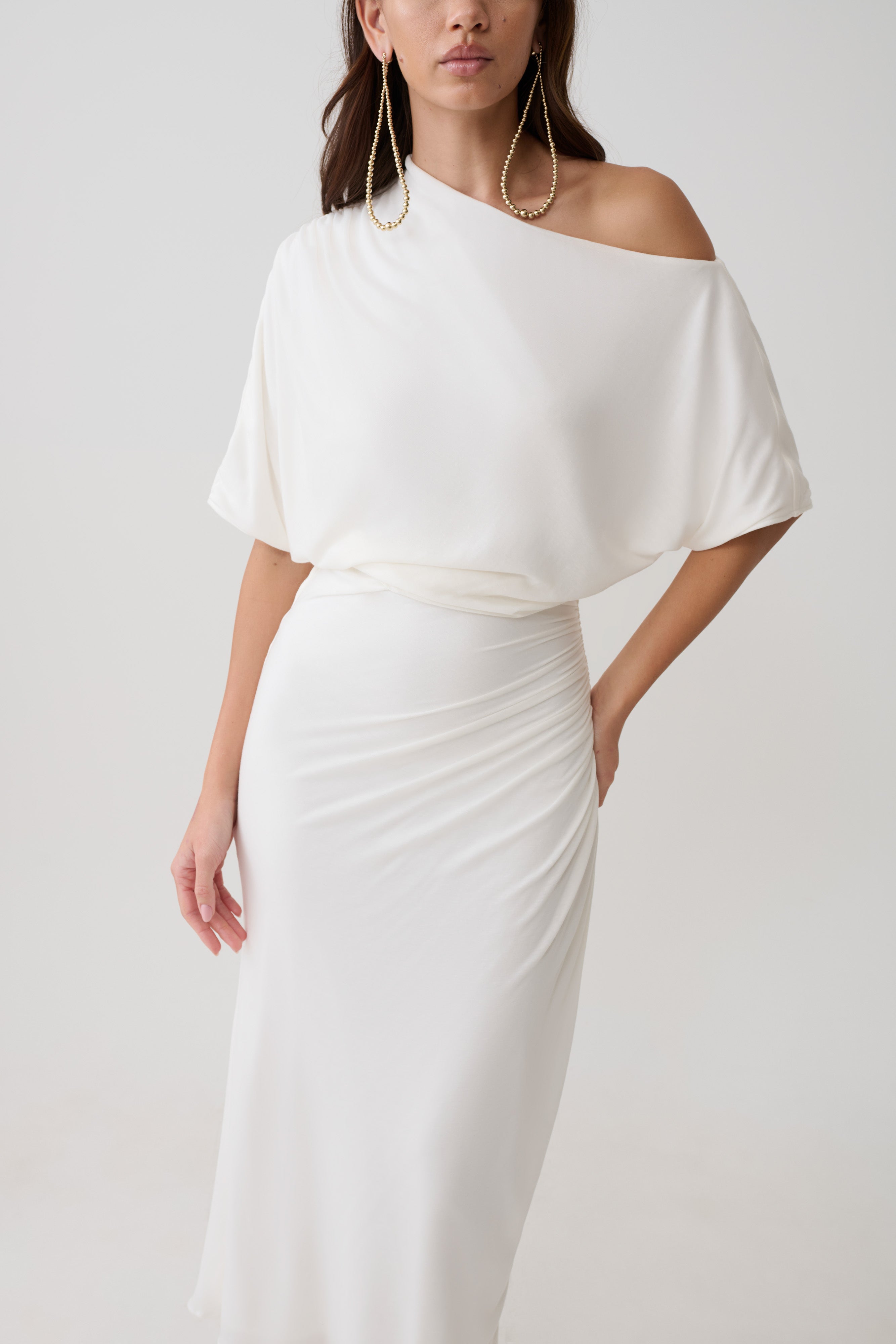 Alva Wool Lyocell Draped Midi Dress - White
