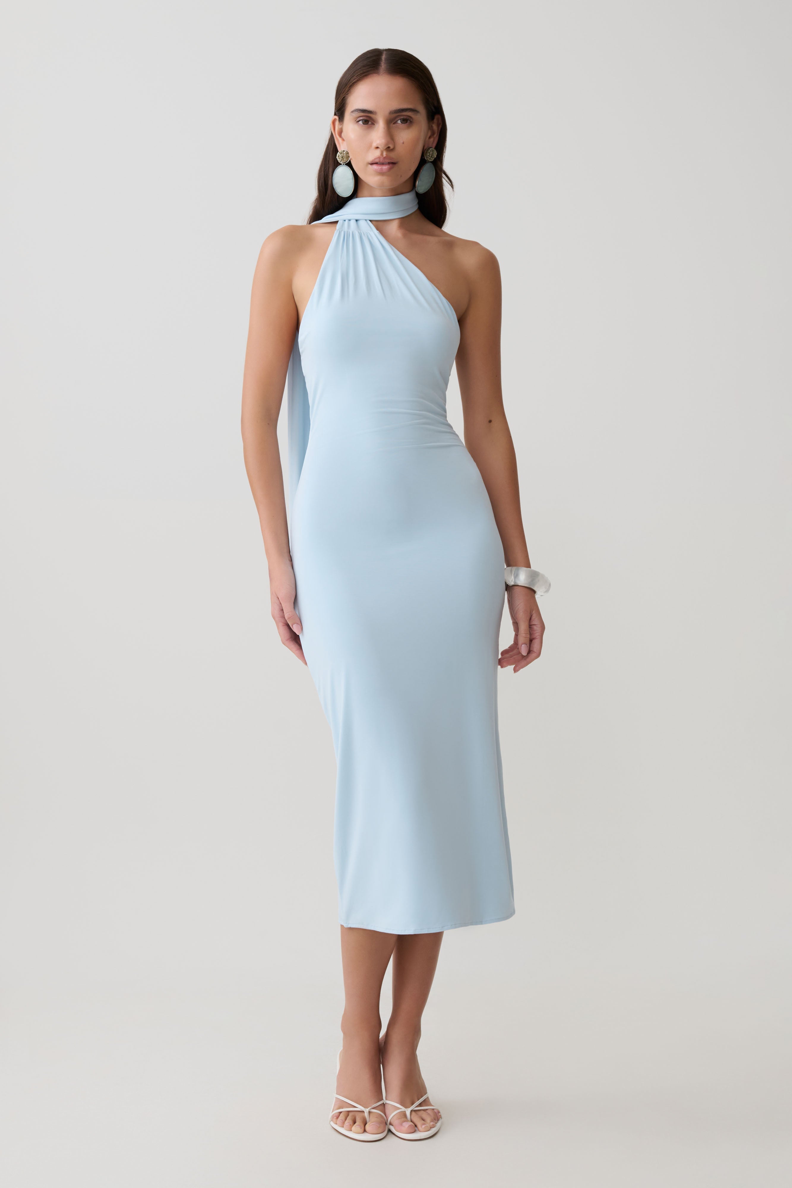 Jemma One Shoulder Tie Midi Dress - Pale Blue