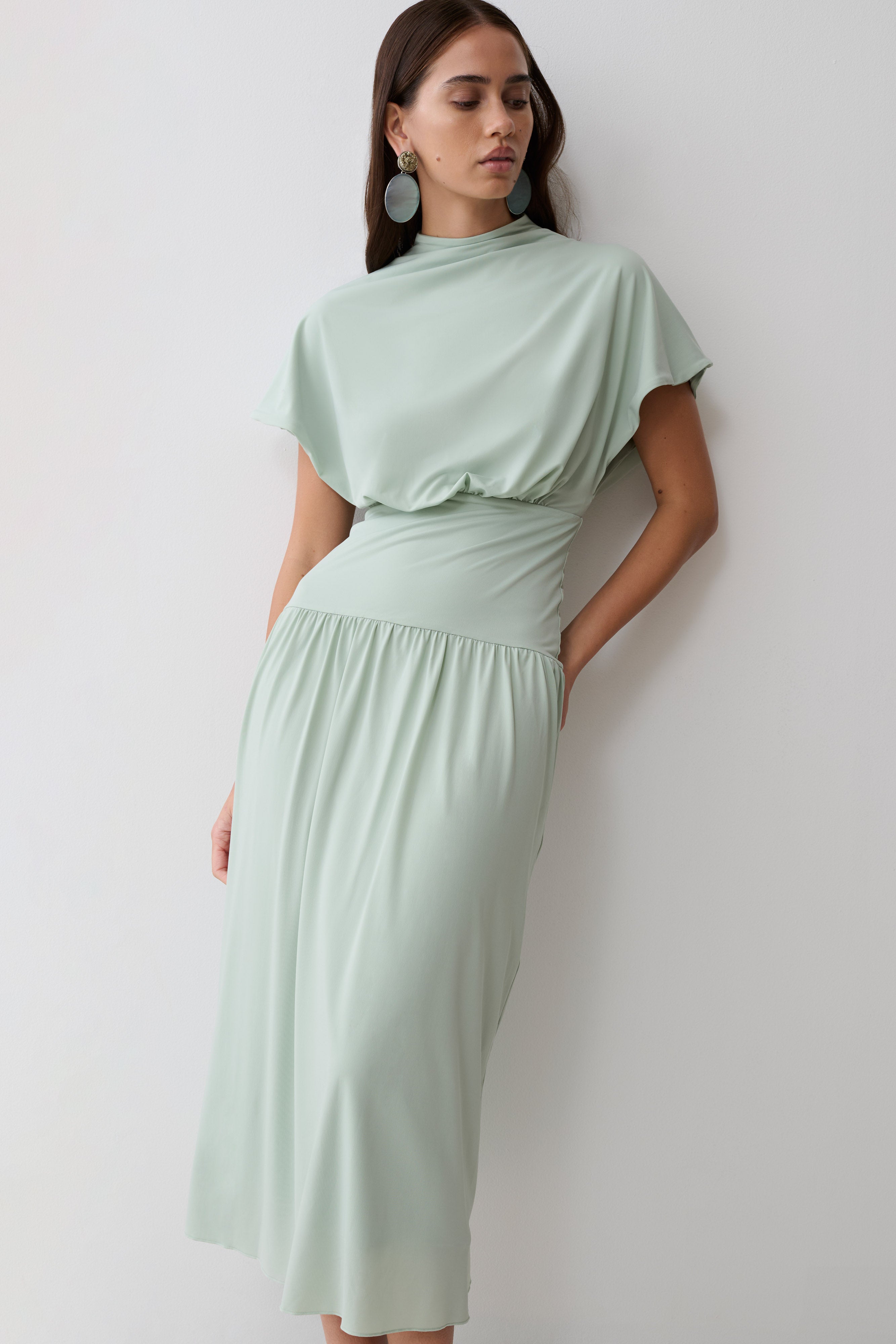 Ailla High Neck Cowl Midi Dress - Aqua Grey