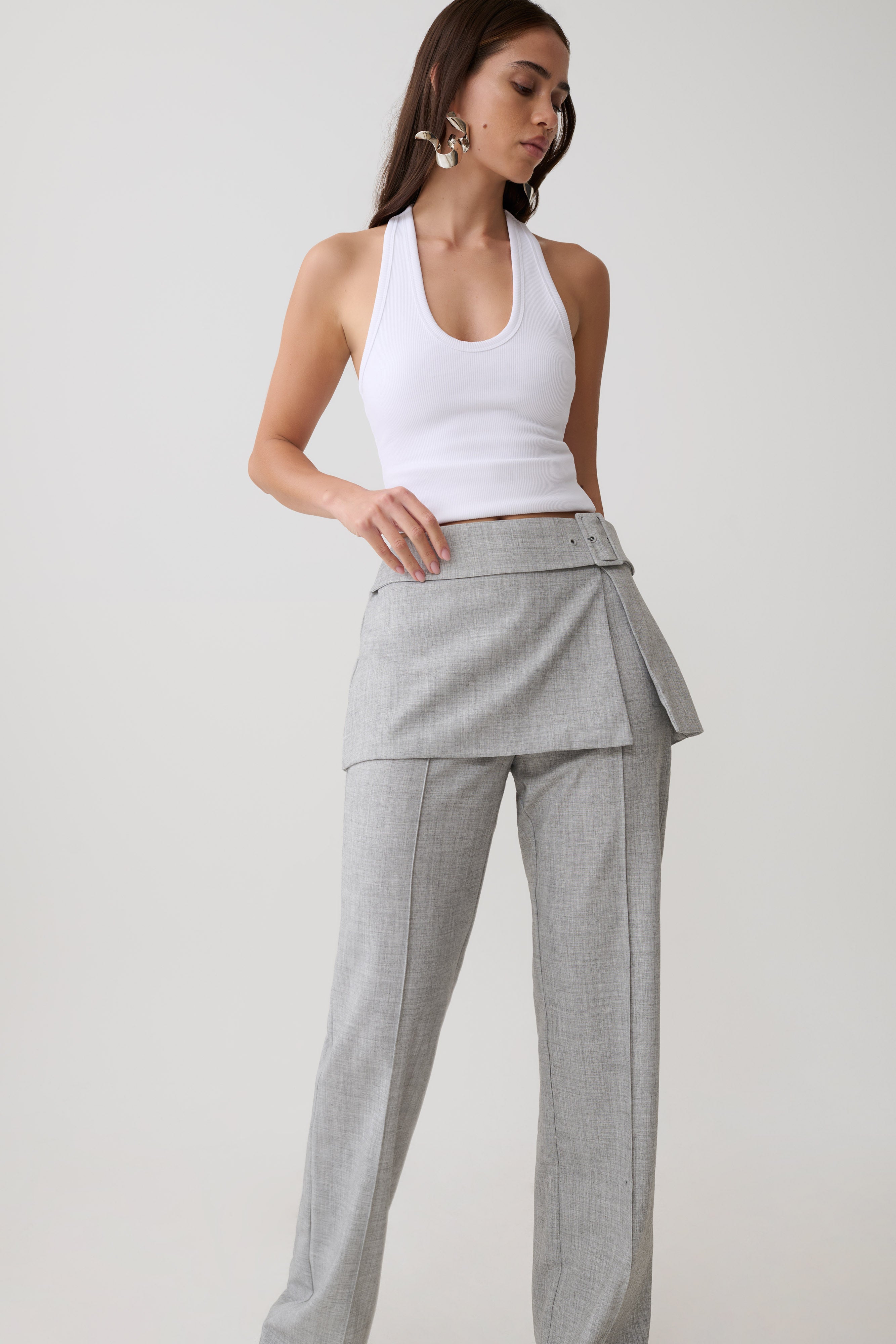 Daisy Wrap Skirt Straight Leg Pants - Charcoal Marle