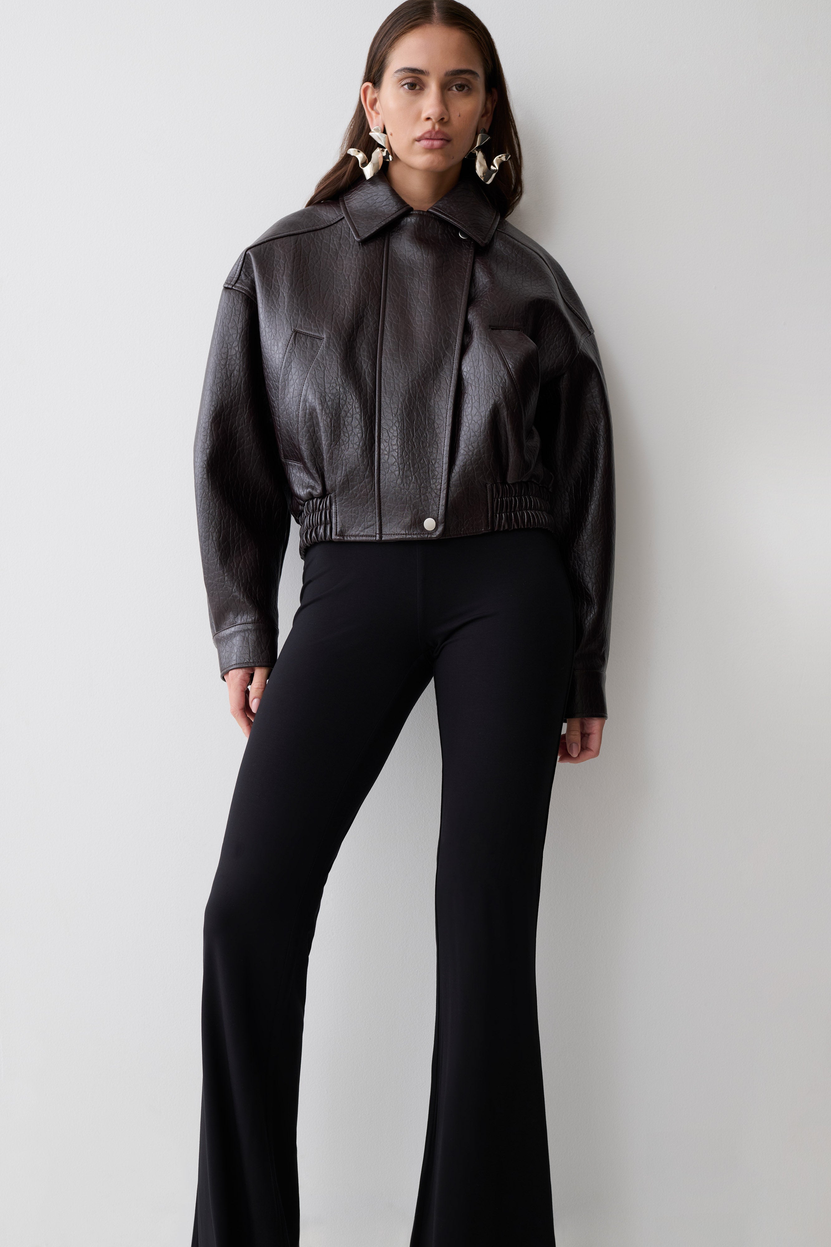 Paige Faux Leather Cropped Jacket - Cherry Brown