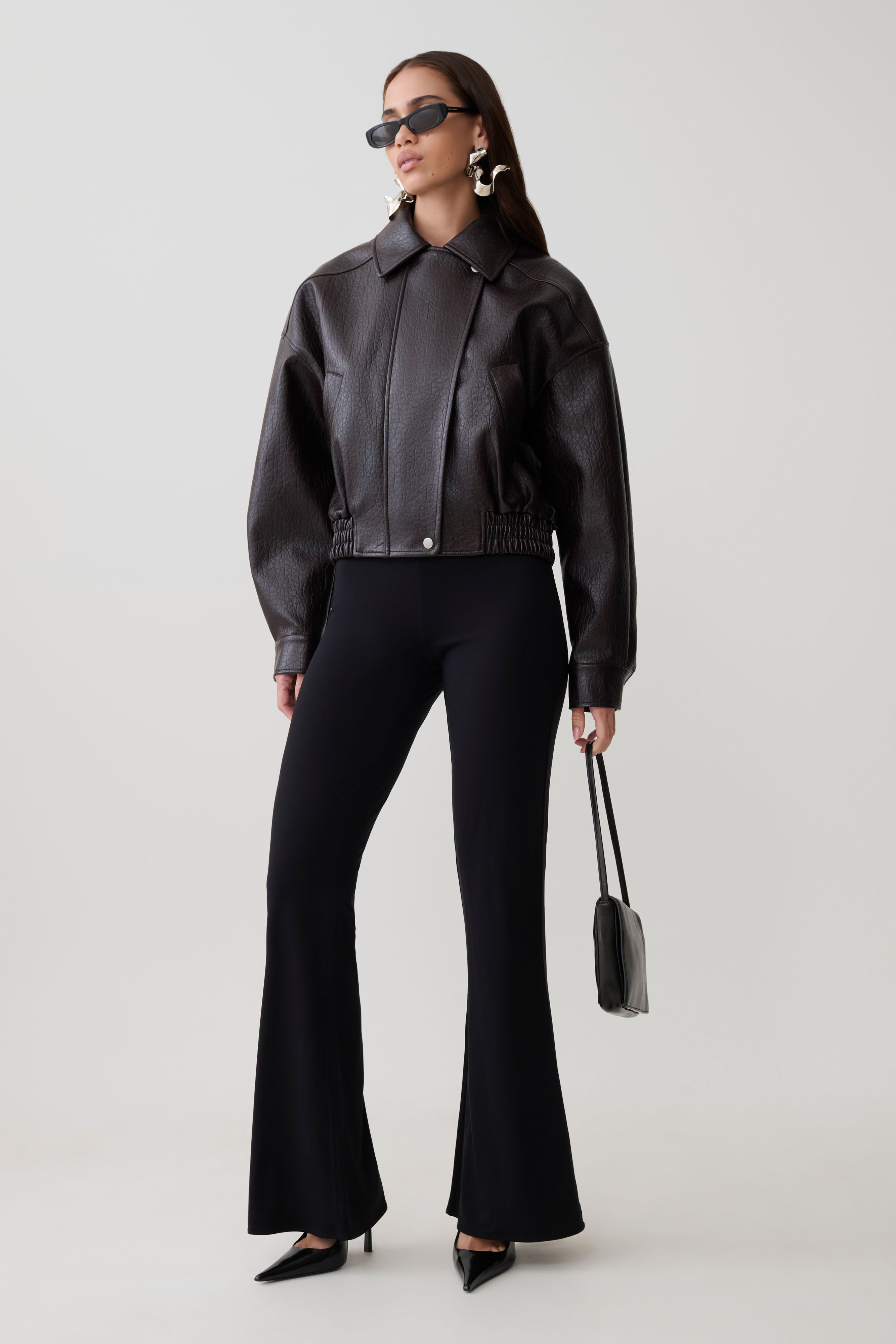 Paige Faux Leather Cropped Jacket - Cherry Brown