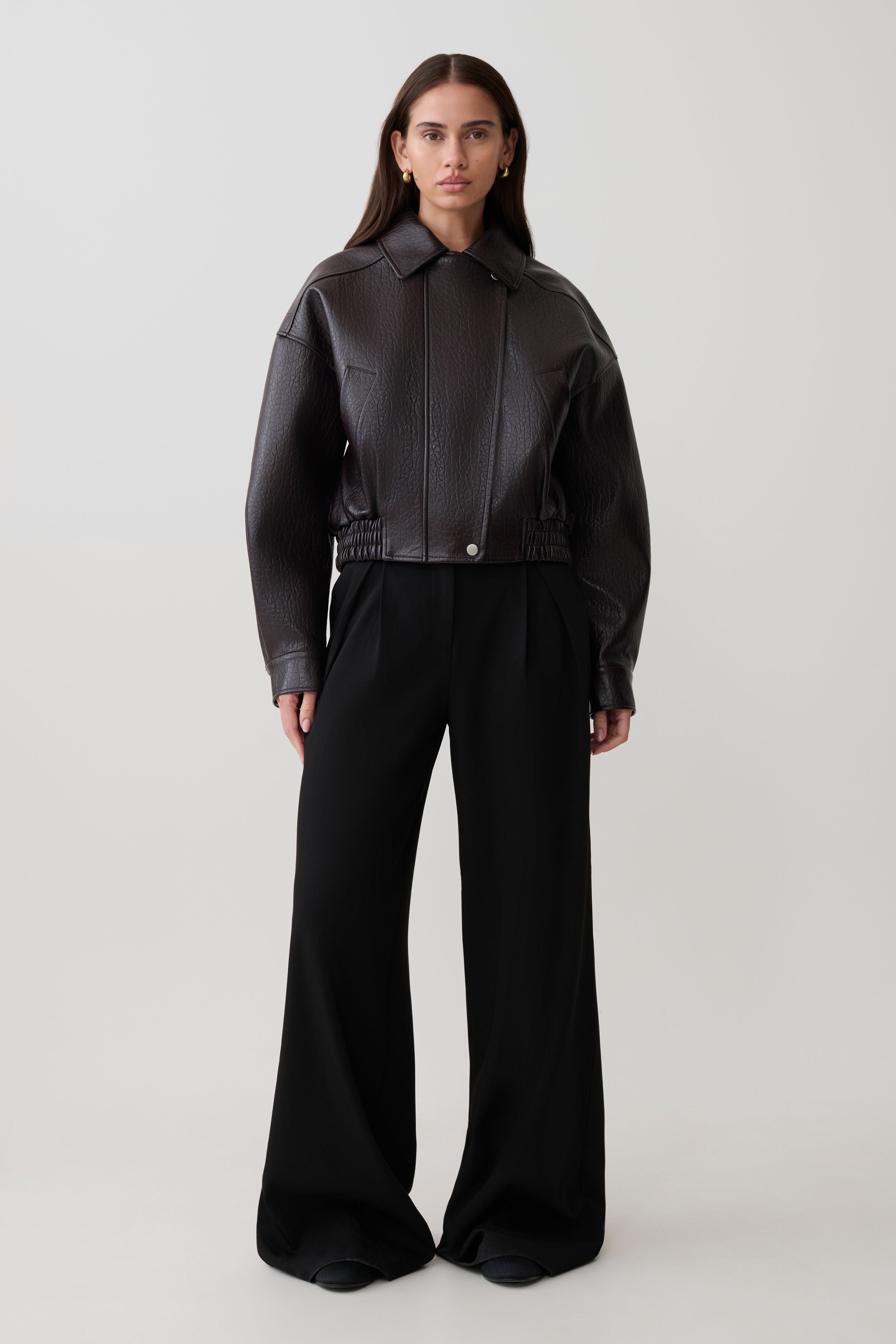 Paige Faux Leather Cropped Jacket - Cherry Brown