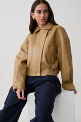 Paige Faux Leather Cropped Jacket - Beige