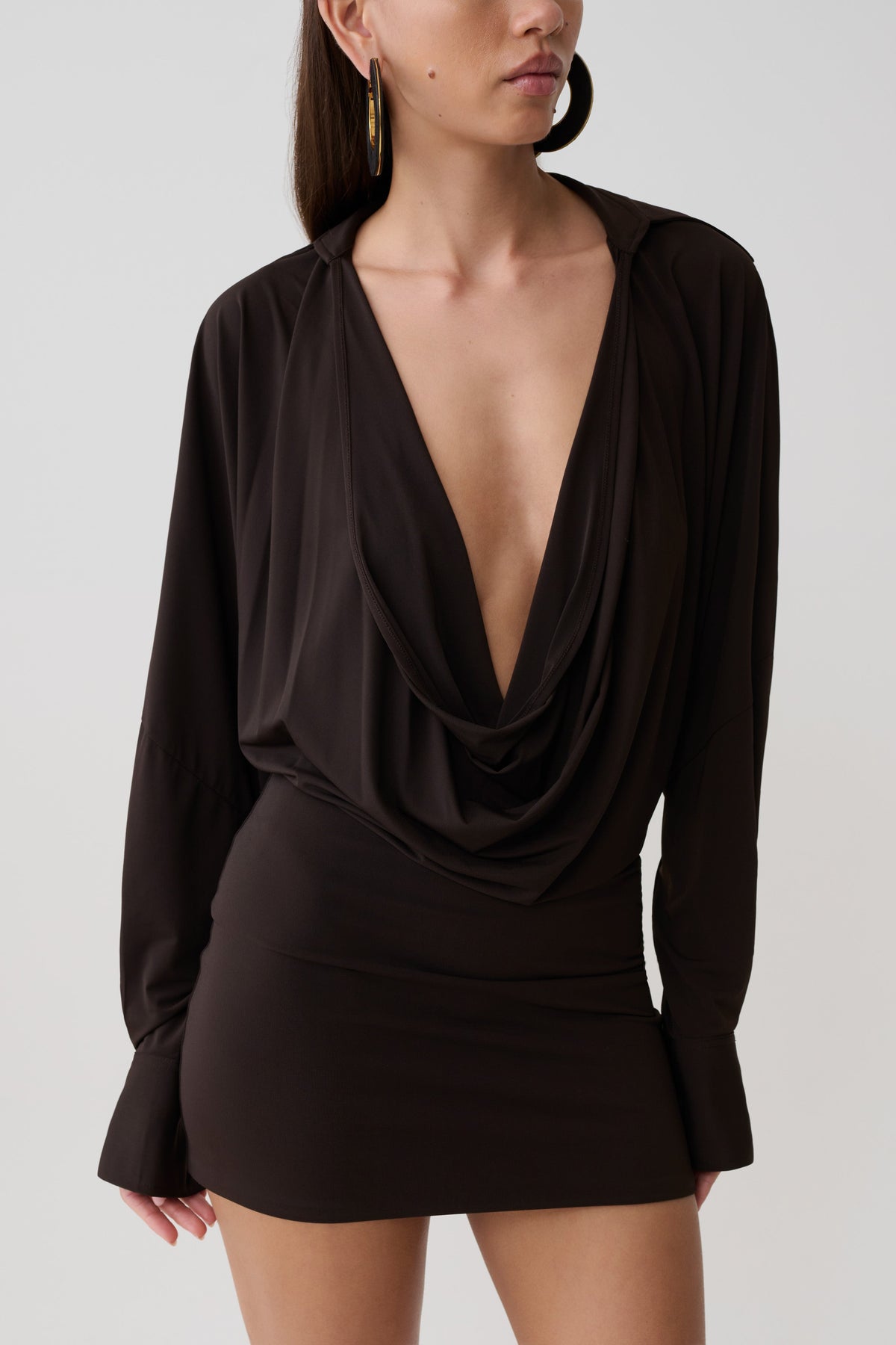 Soleia Cowl Drape Shirt Dress - Bitter Chocolate