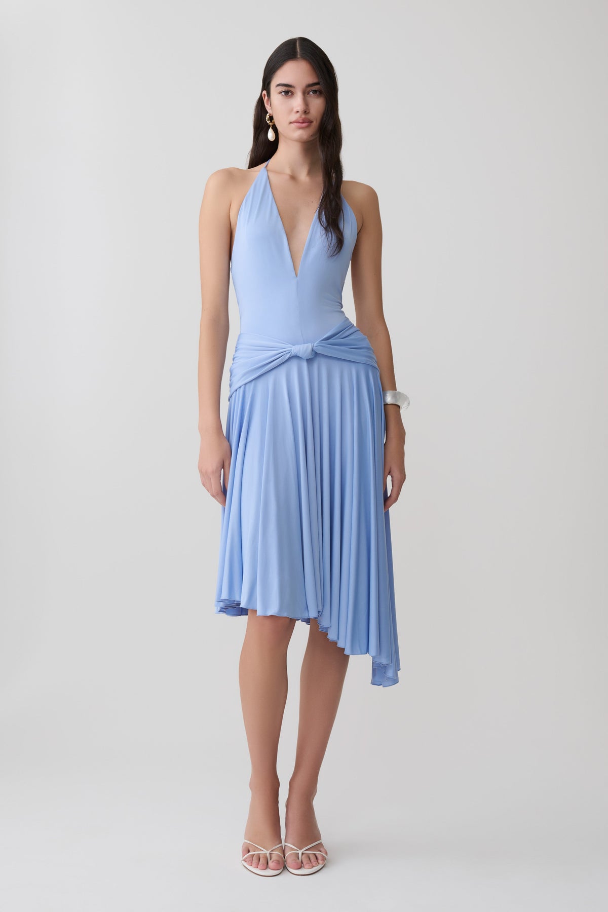 Zelda Asymmetric Slinky Midi Dress - Cornflower Blue