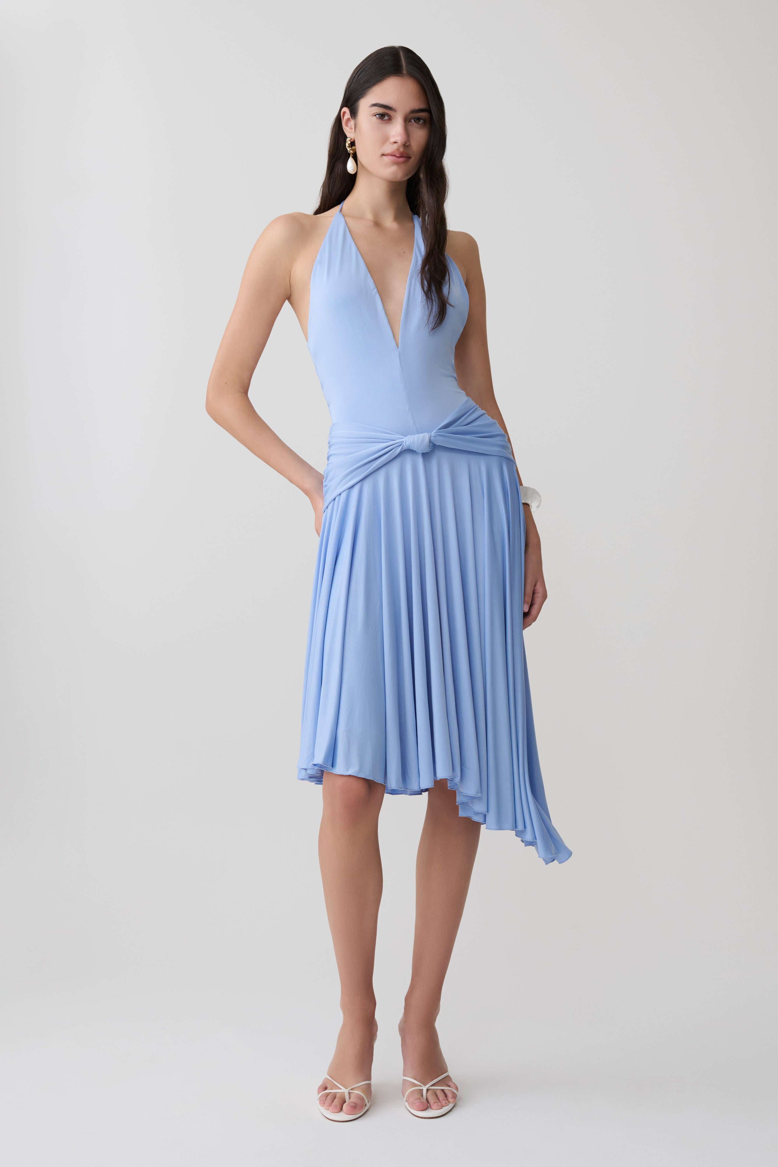 Zelda Asymmetric Slinky Midi Dress - Cornflower Blue