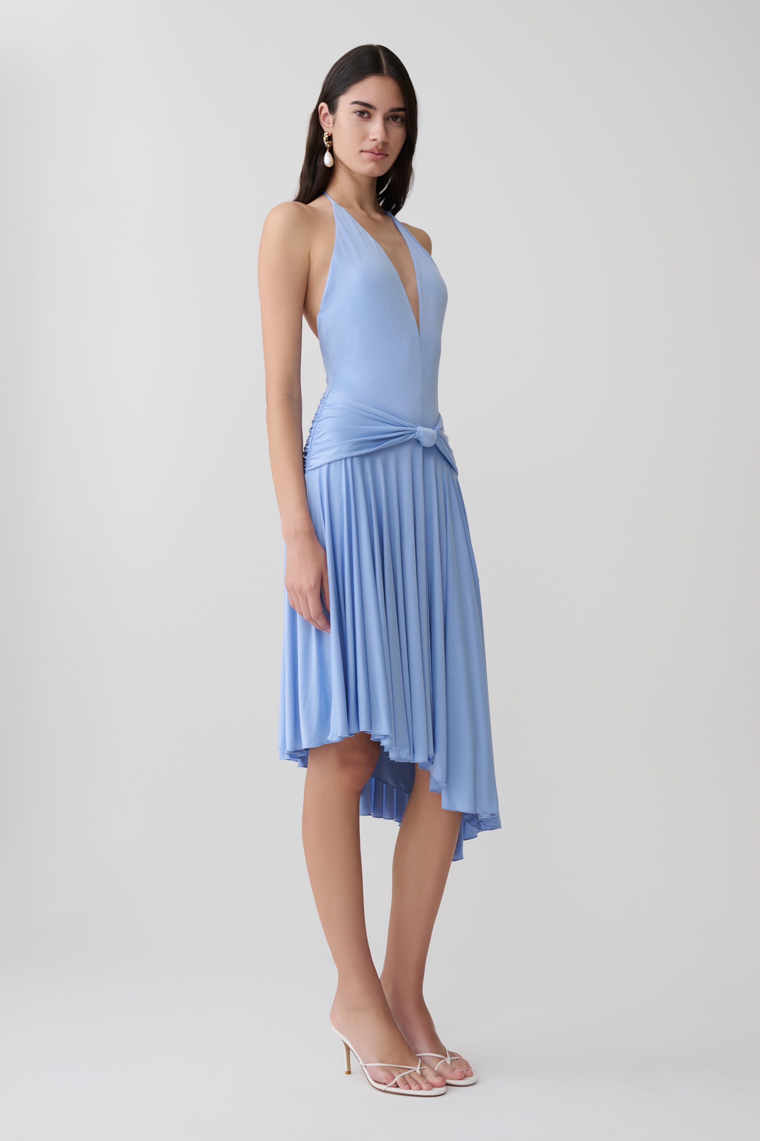 Zelda Asymmetric Slinky Midi Dress - Cornflower Blue