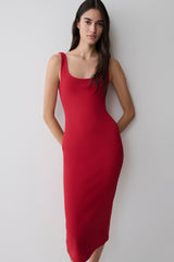 Allyra Scoop Stretch Crepe Midi Dress - Red