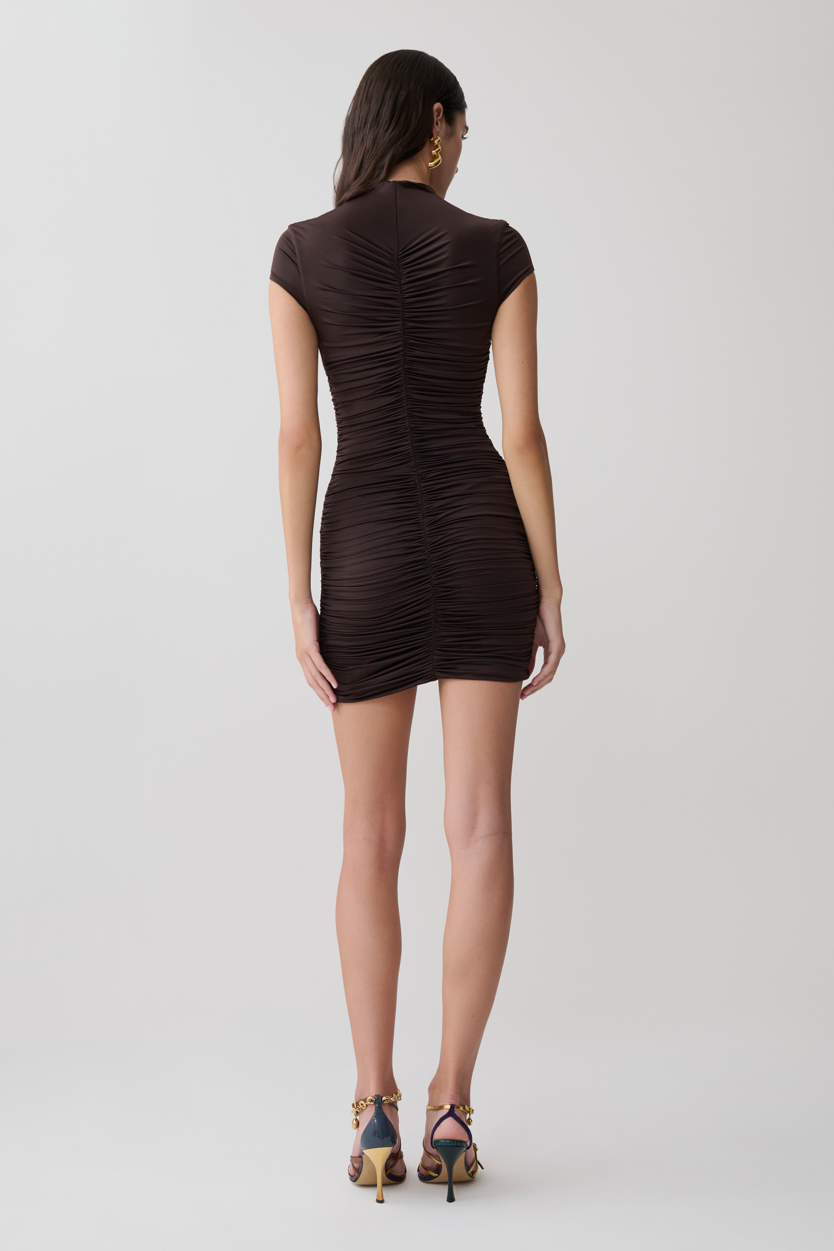 Alphine Gathered Short Sleeve Mini Dress - Chocolate