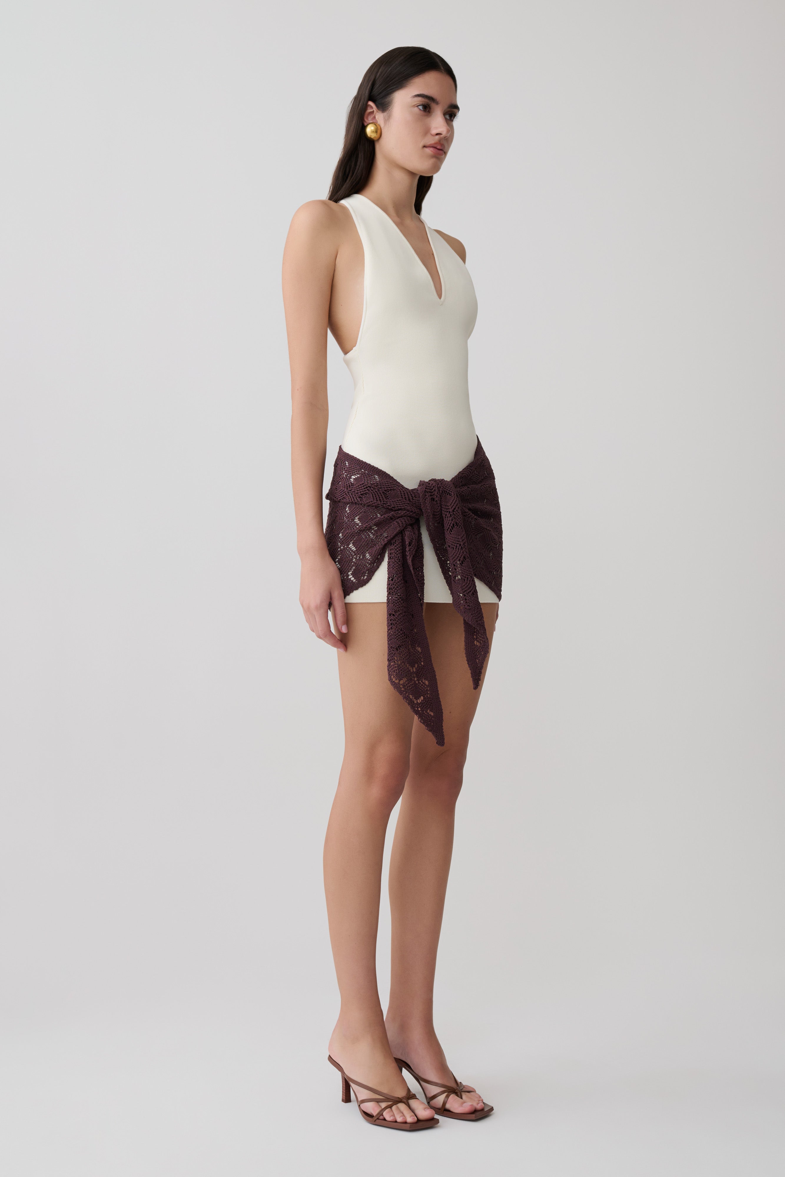 Mollie Mini Dress With Crochet Overlay - White/Chocolate