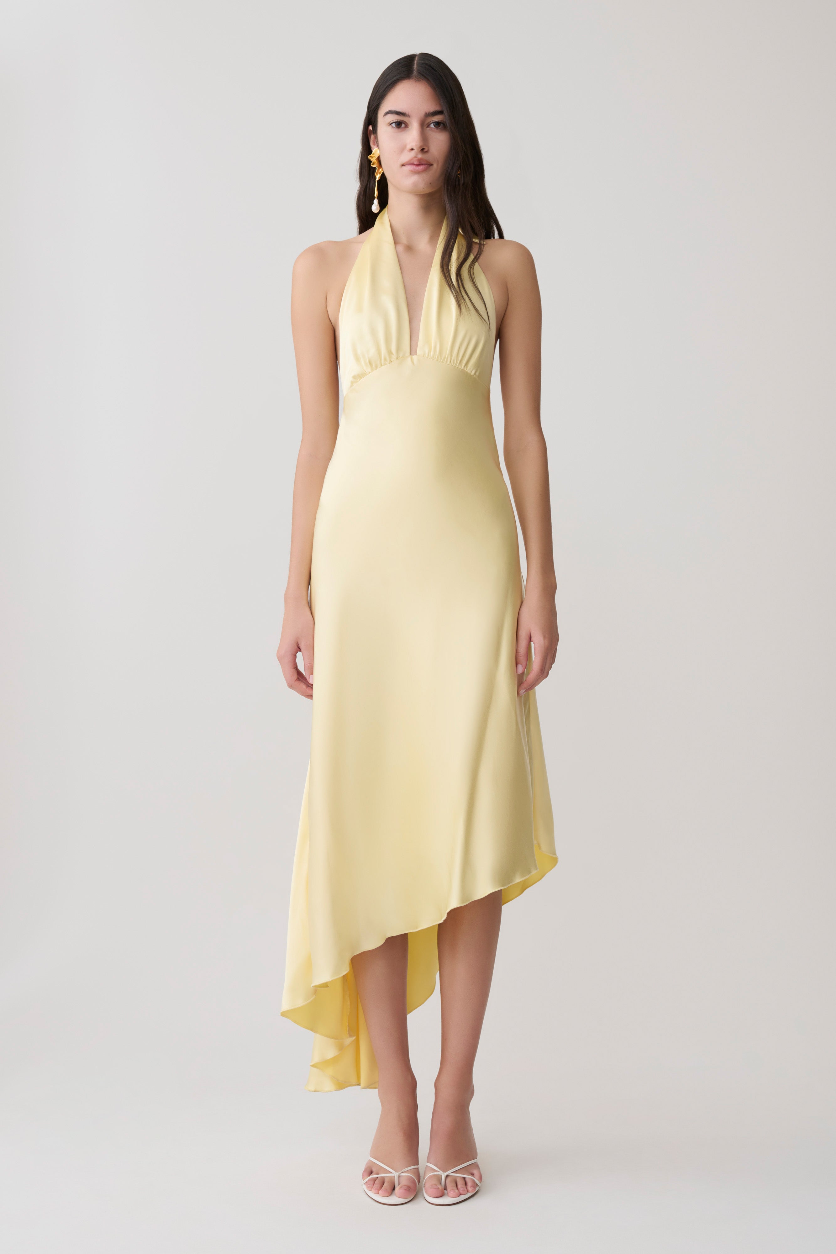 Adelie Asymmetric Hem Halter Midi Dress - Butter