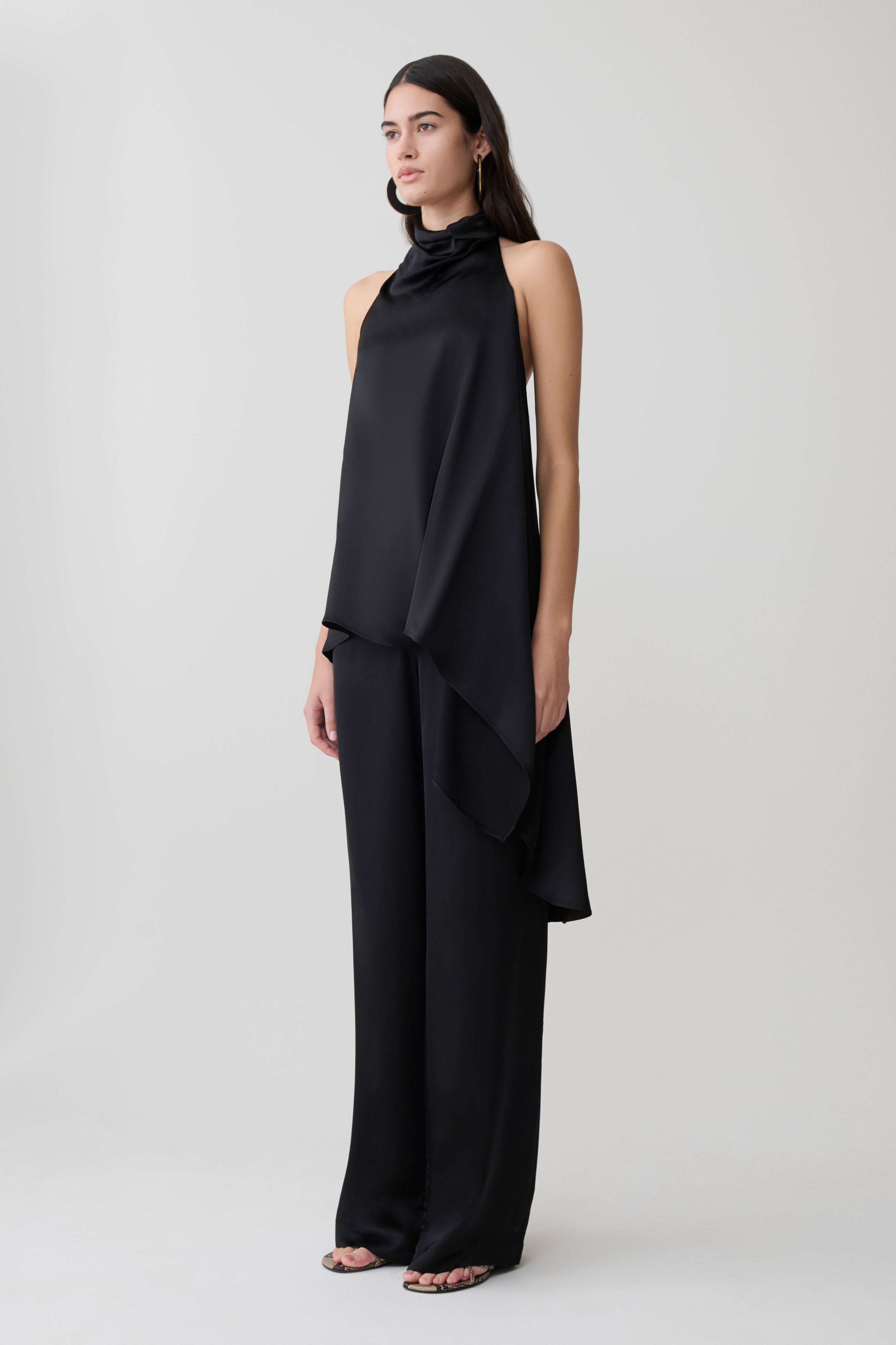 Sydney Asymmetrical Satin Halter Top - Black