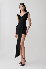 Runa Off Shoulder Mini Dress With Waist Tie - Black