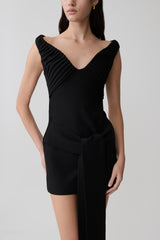 Runa Off Shoulder Mini Dress With Waist Tie - Black