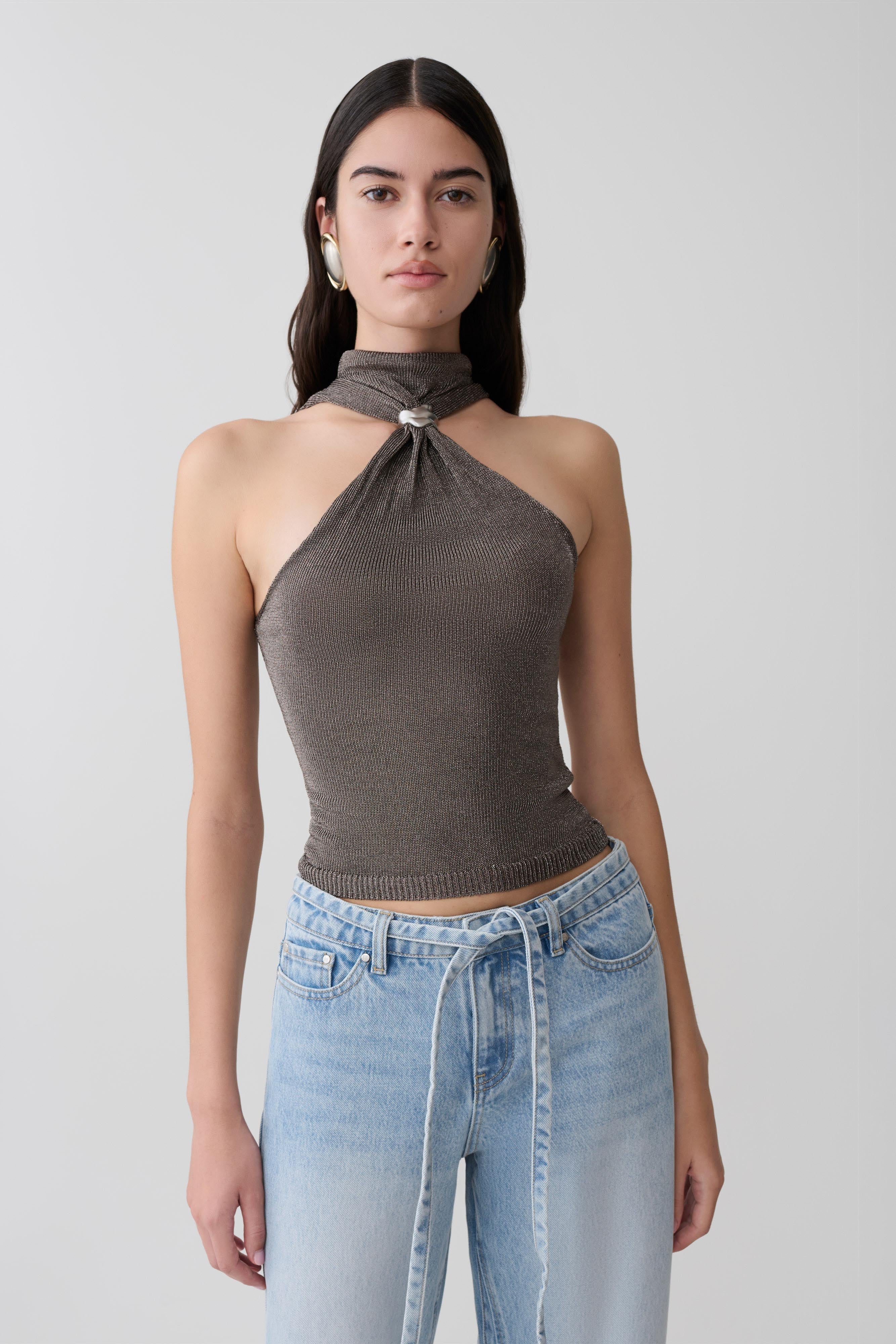 Nikki Lurex Top With Hardware - Gunmetal