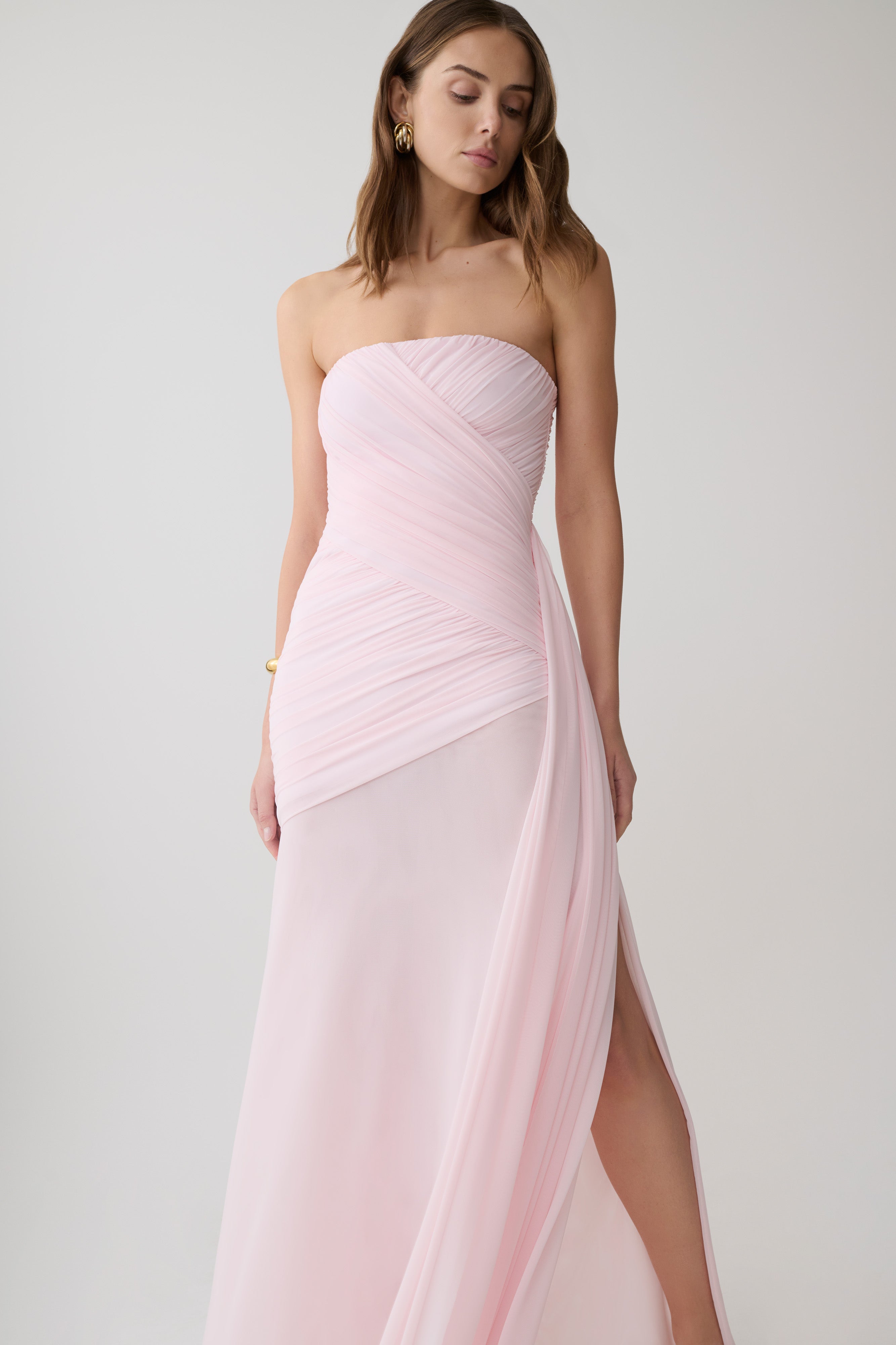 Monet Strapless Ruched Mesh Maxi Dress - Ballet Pink