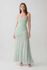 Monet Strapless Ruched Mesh Maxi Dress - Aqua Grey