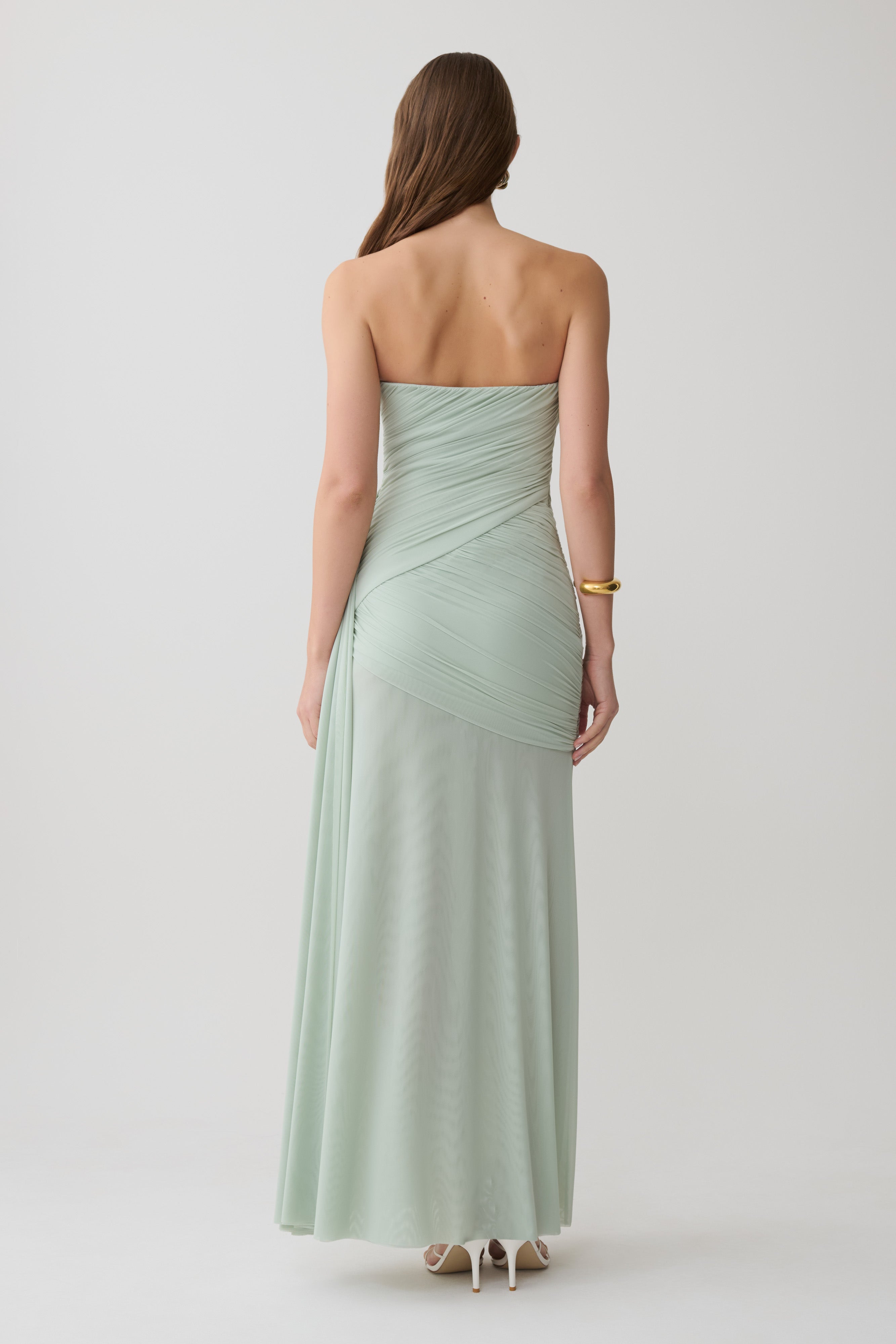 Monet Strapless Ruched Mesh Maxi Dress - Aqua Grey