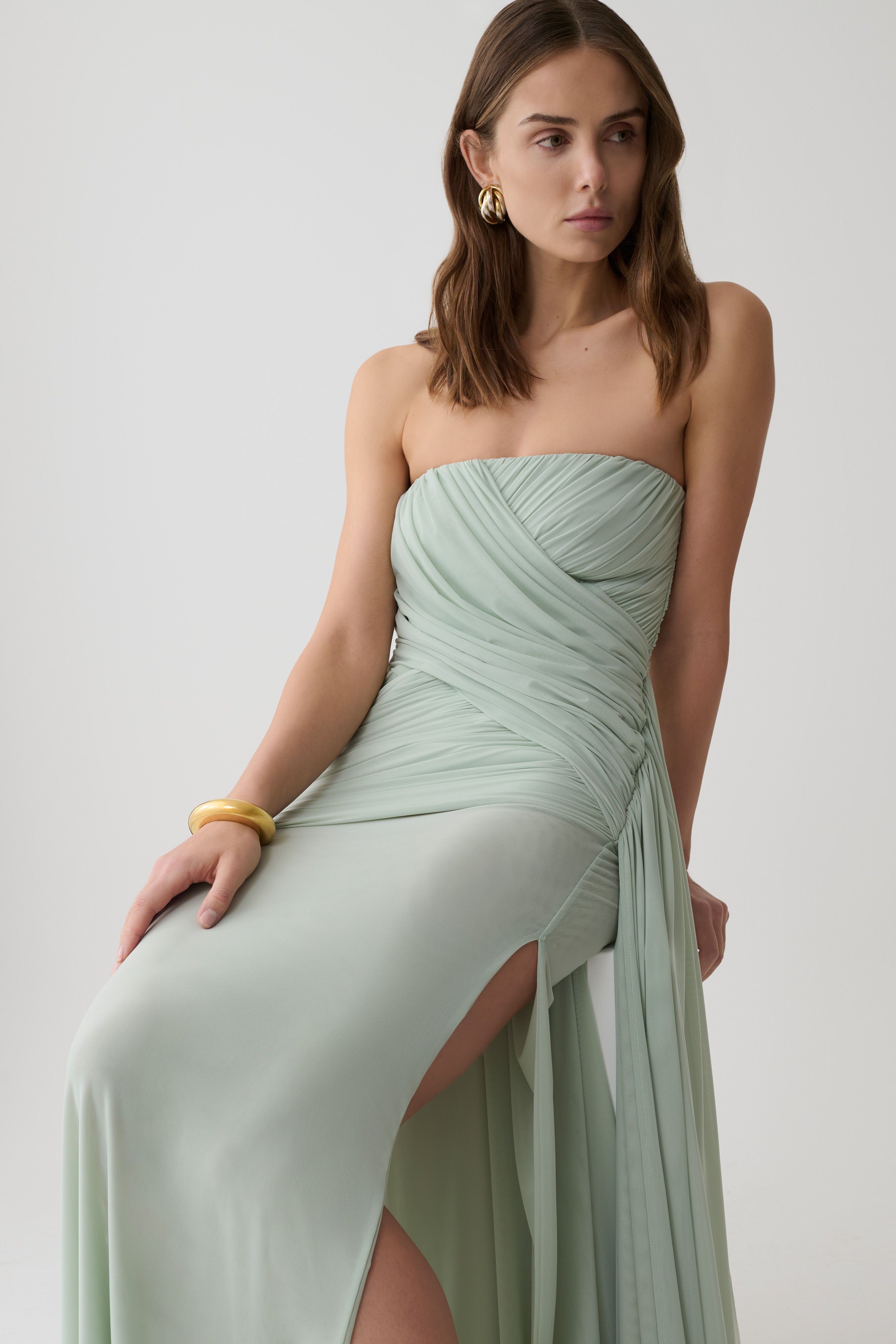 Monet Strapless Ruched Mesh Maxi Dress - Aqua Grey