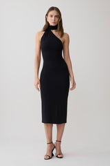 Jemma One Shoulder Tie Midi Dress - Black