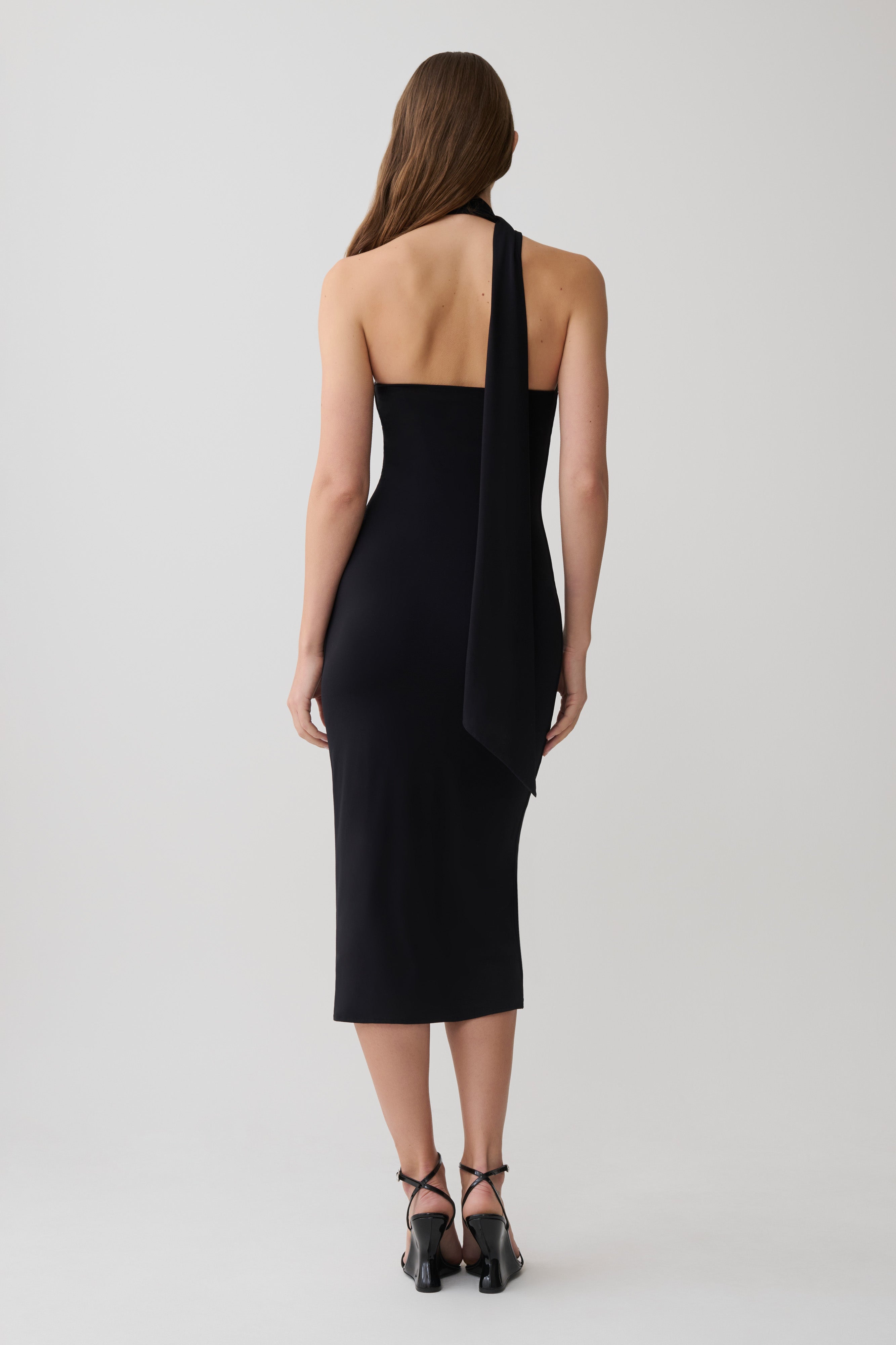 Jemma One Shoulder Tie Midi Dress - Black