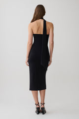 Jemma One Shoulder Tie Midi Dress - Black