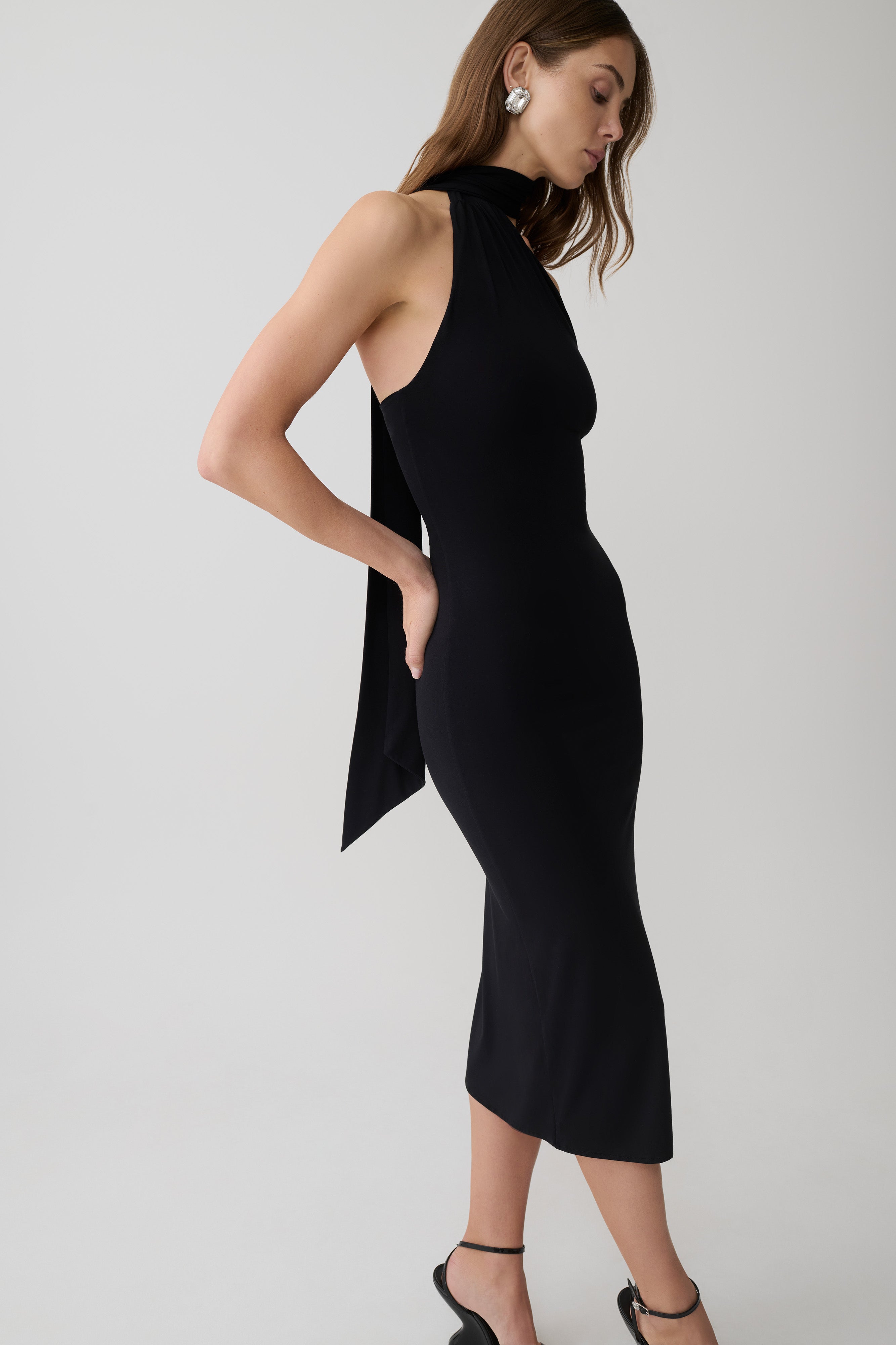 Jemma One Shoulder Tie Midi Dress - Black