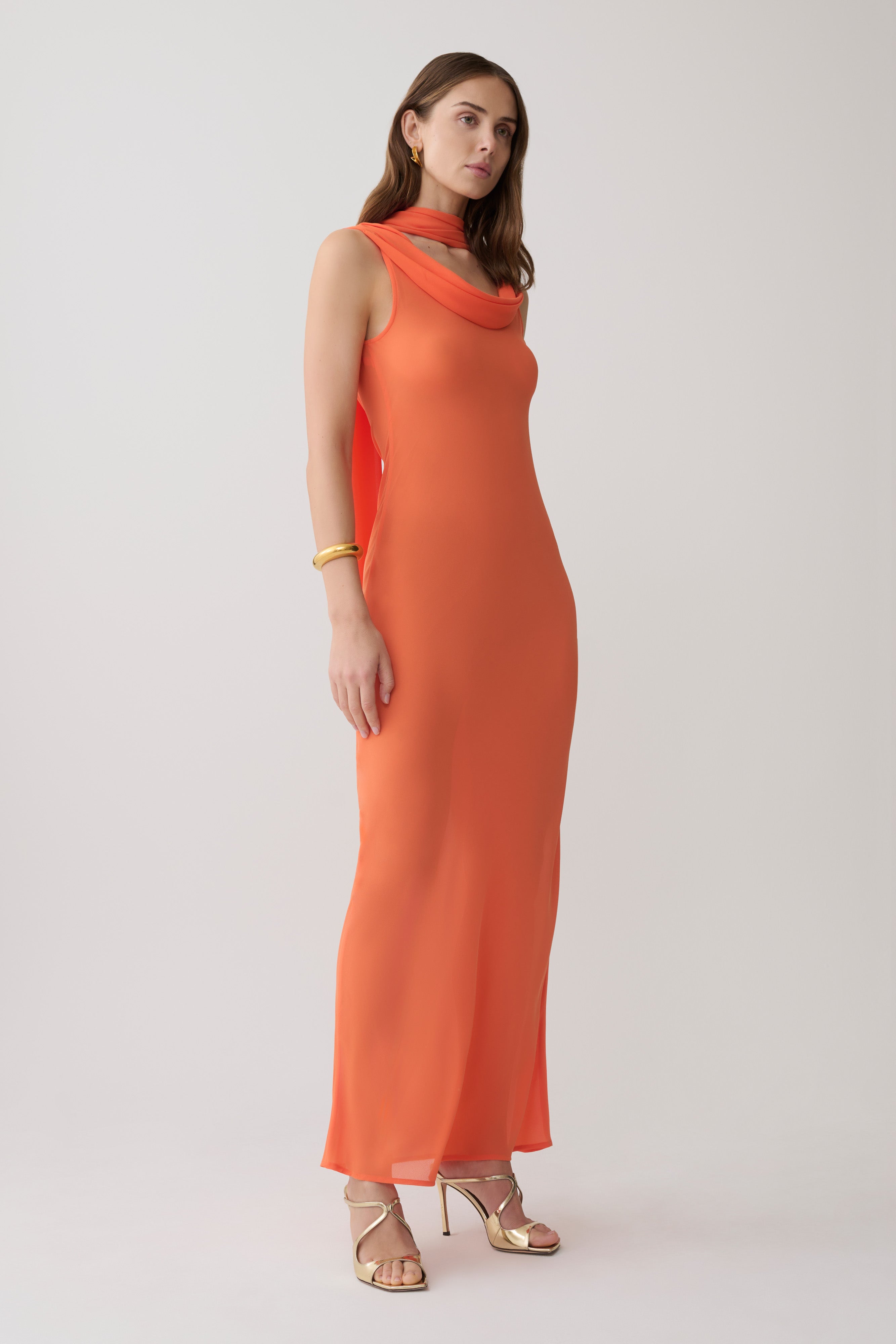 Dakota Chiffon Maxi Dress With Scarf - Orange