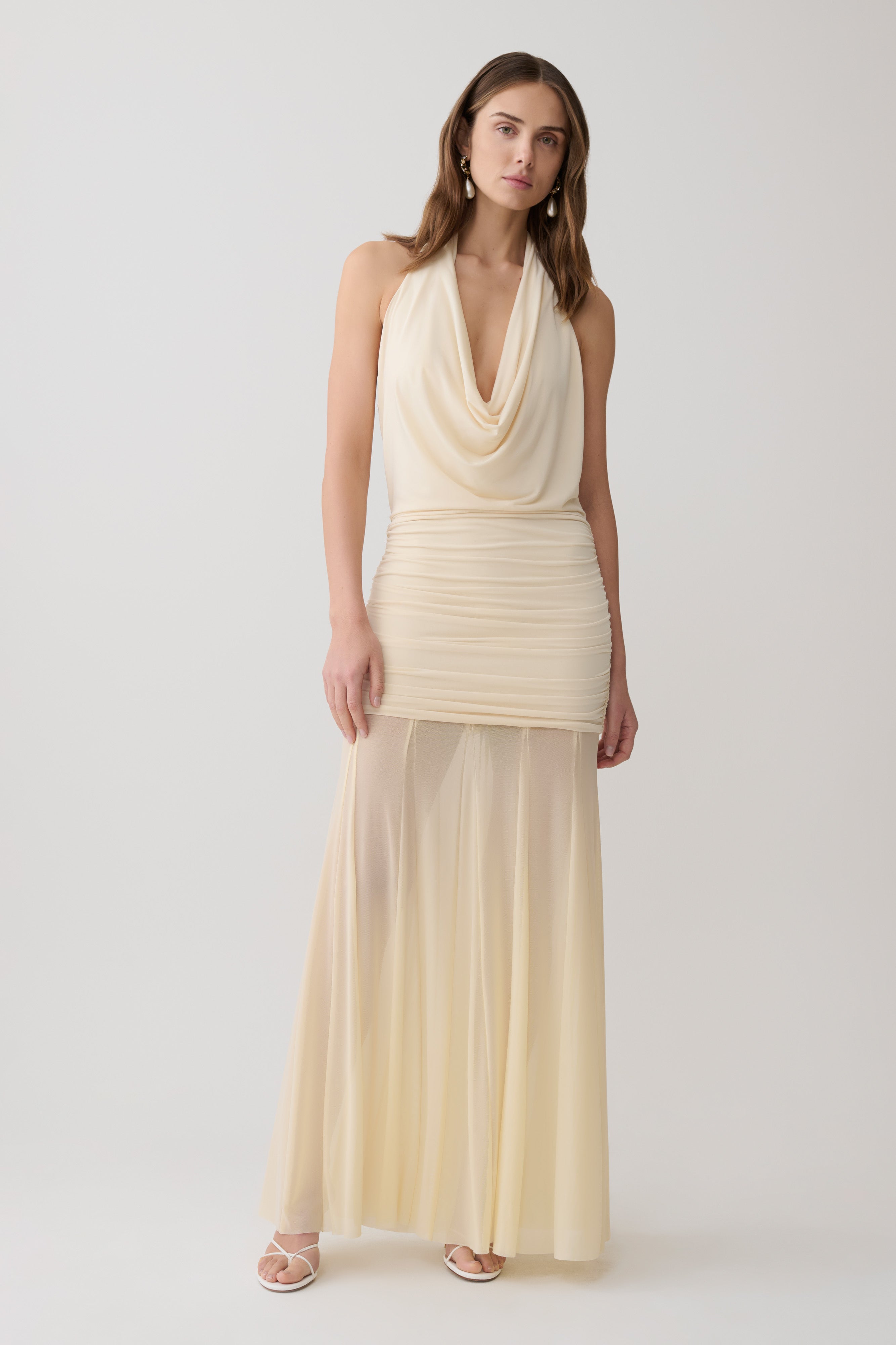 Jorja Draped Halter Slinky Maxi Dress - Ivory