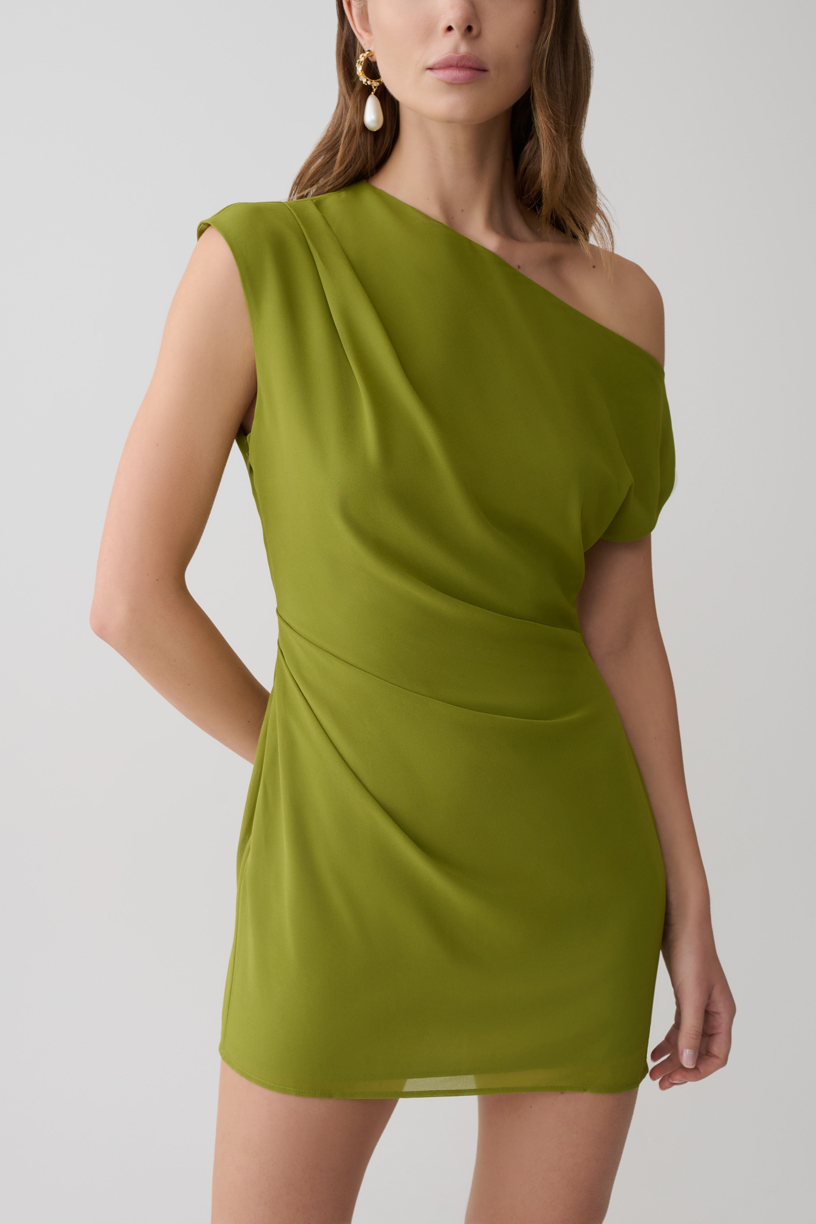 Hannah Asymmetric Neckline Mini Dress - Olive