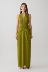 Gianna Satin Halter Maxi Dress - Olive