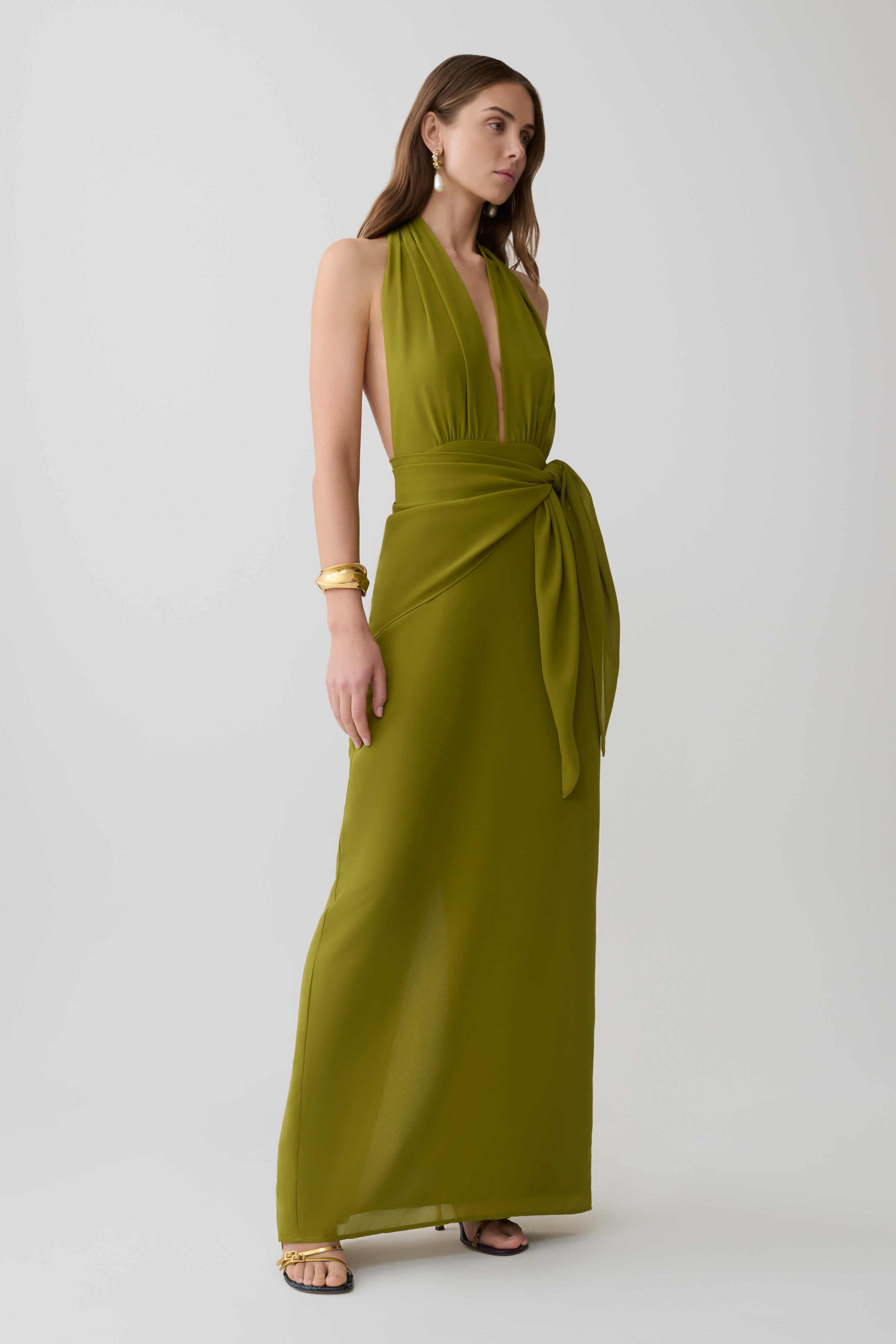 Gianna Satin Halter Maxi Dress - Olive
