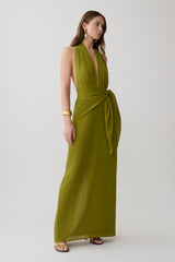 Gianna Satin Halter Maxi Dress - Olive