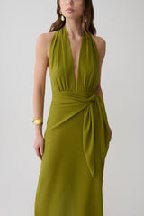 Gianna Satin Halter Maxi Dress - Olive
