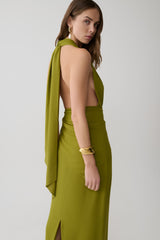 Gianna Satin Halter Maxi Dress - Olive