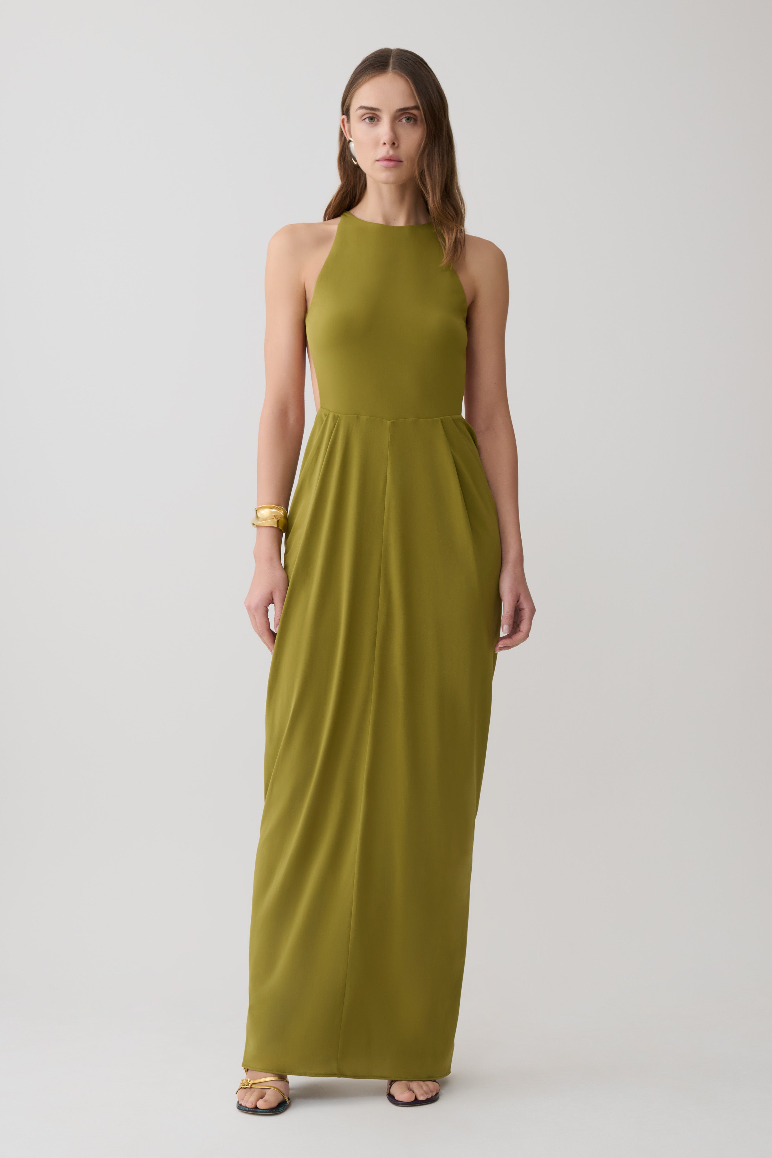 Bahari Low Back Halter Maxi Dress - Vintage Olive