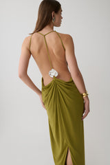 Bahari Low Back Halter Maxi Dress - Vintage Olive