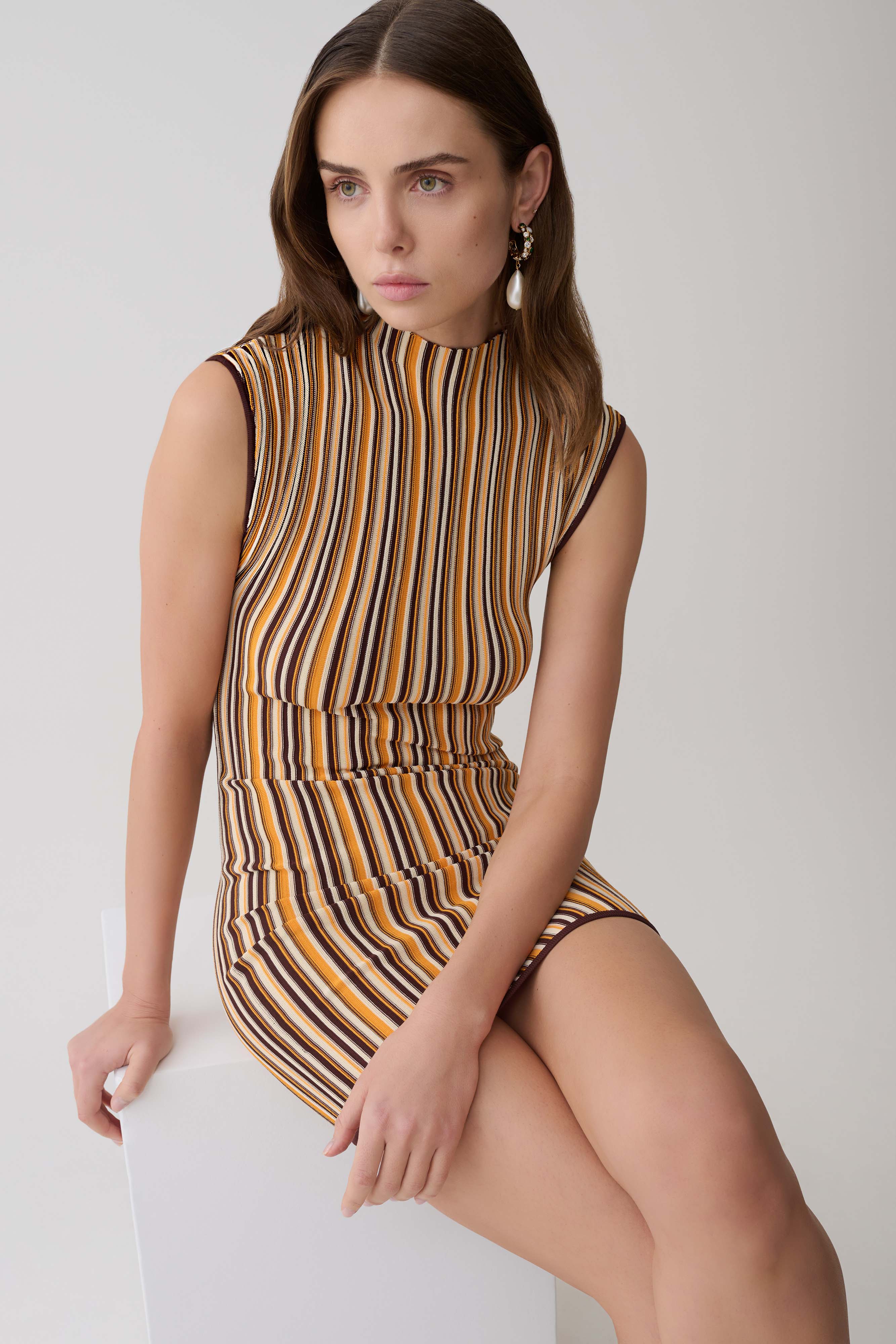 Meggie Striped Sleeveless Mini Dress - Orange/Chocolate