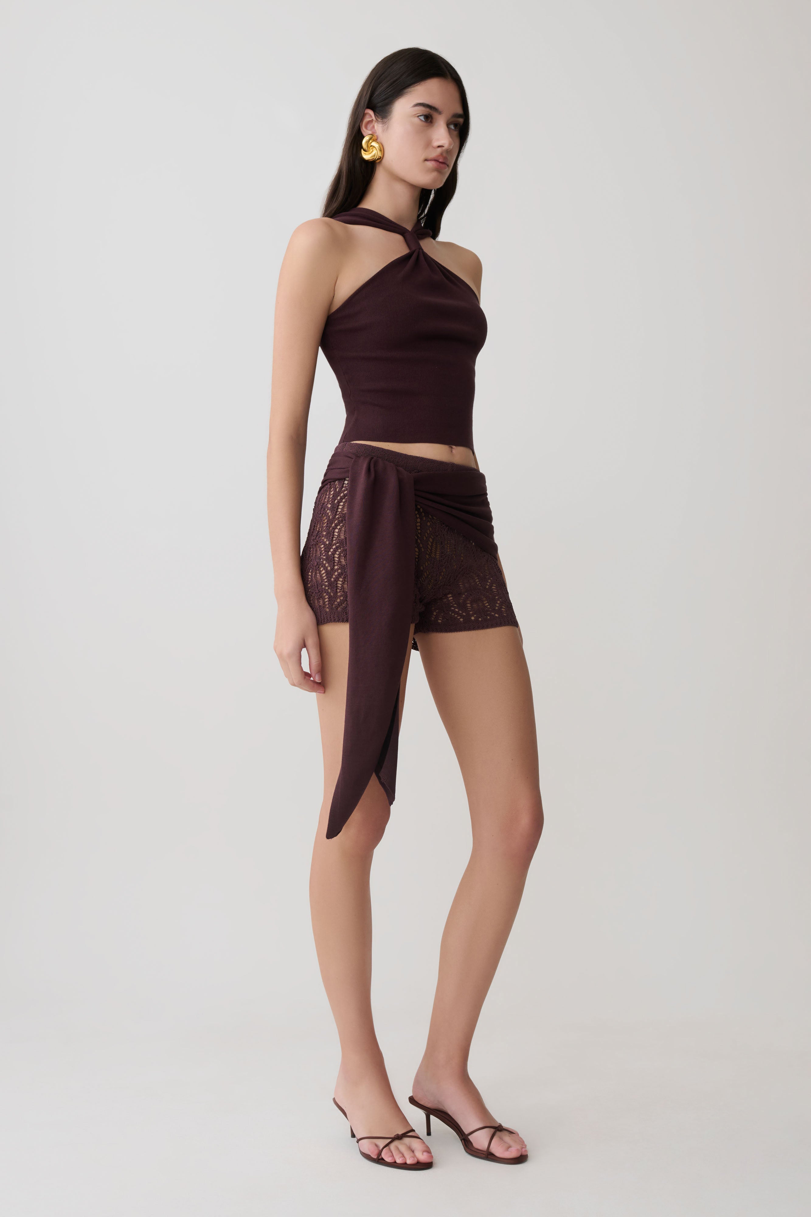 Liora Crochet Shorts With Knit Overlay - Chocolate