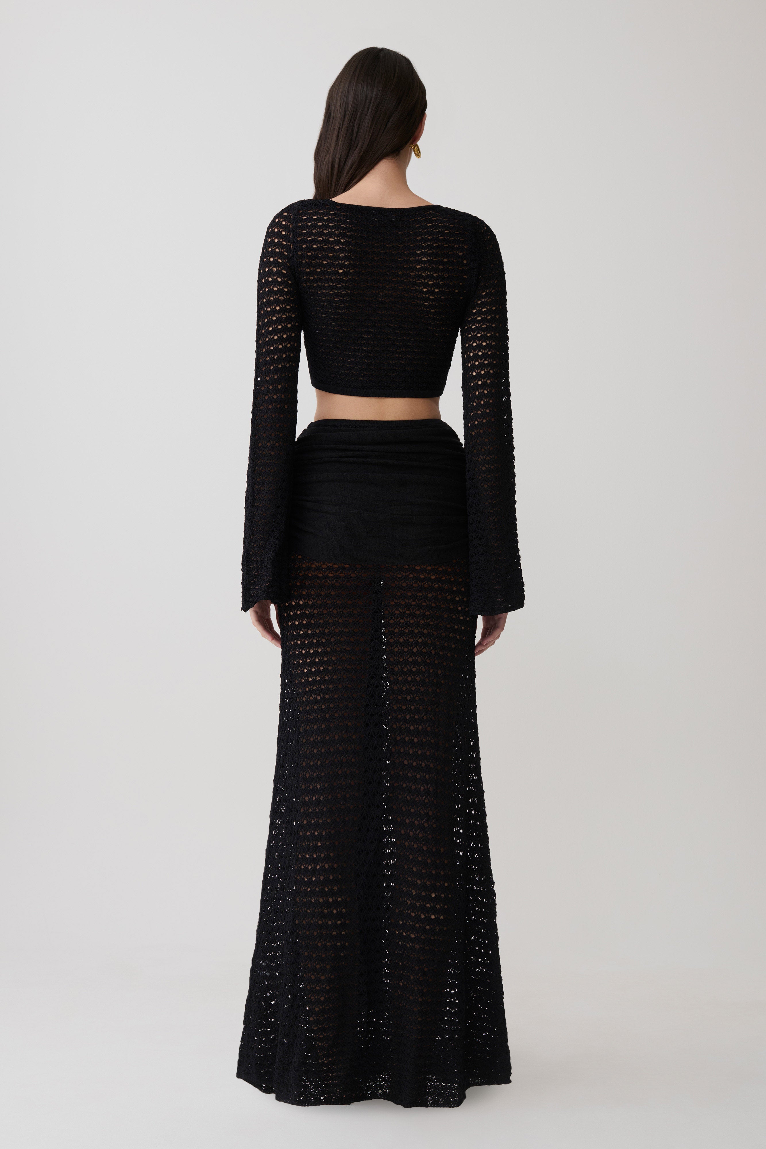 Mania Crochet Long Sleeve Cropped Top - Black