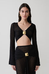 Mania Crochet Long Sleeve Cropped Top - Black