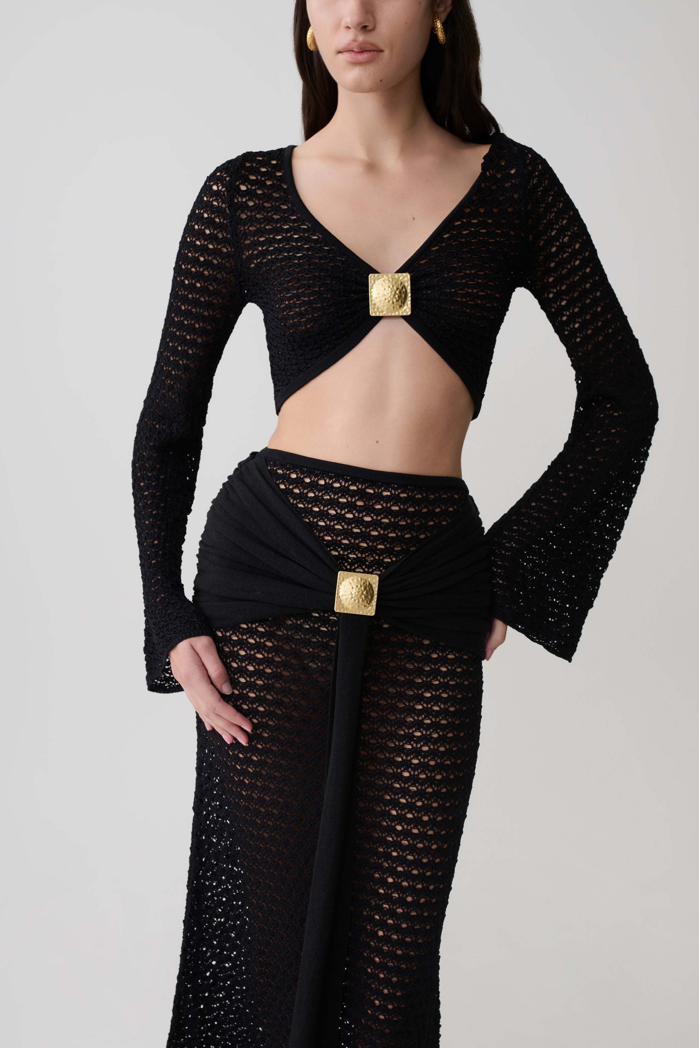 Mania Crochet Long Sleeve Cropped Top - Black