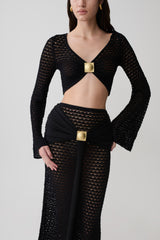 Mania Crochet Long Sleeve Cropped Top - Black