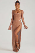 Embellished Cowl Neck Maxi Dress in Latte