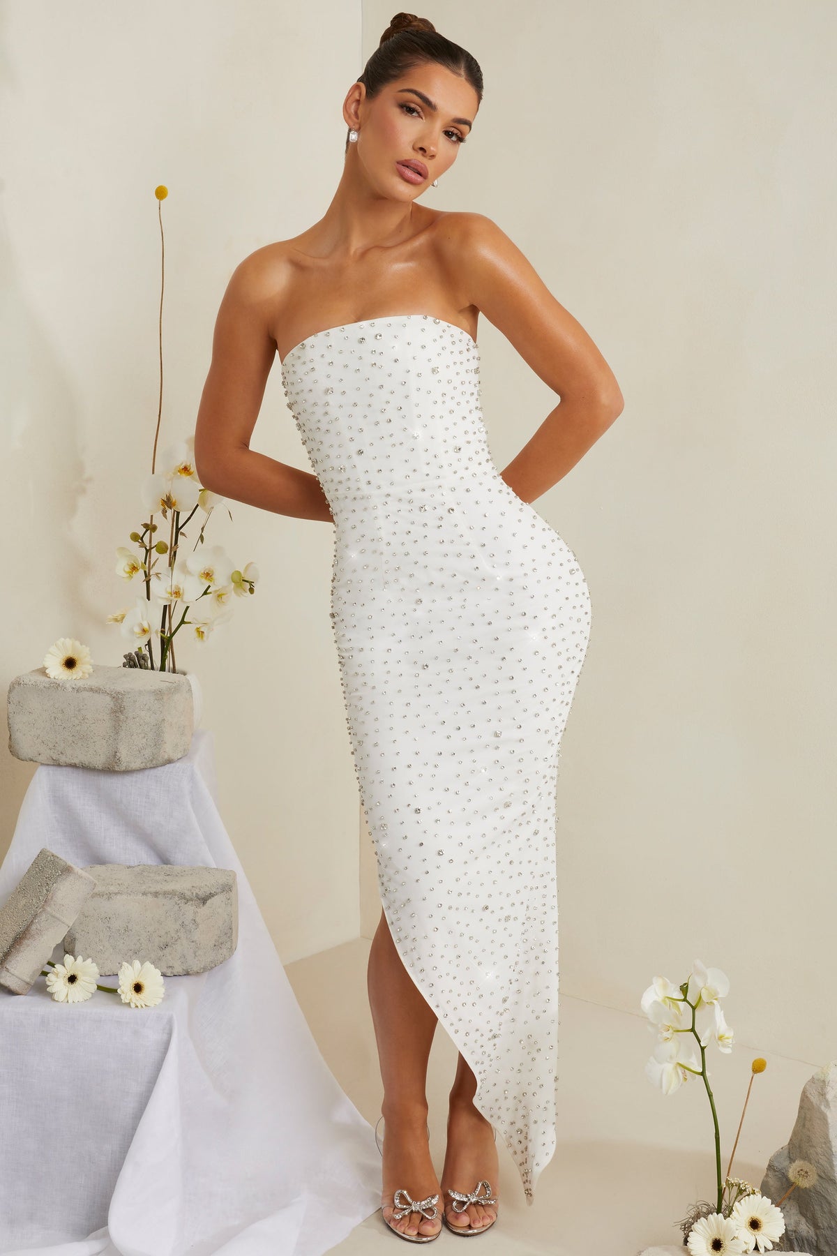 Hand Embellished Asymmetric Midi Dress in White