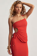 Textured Jersey One-Shoulder Top in Chilli Red