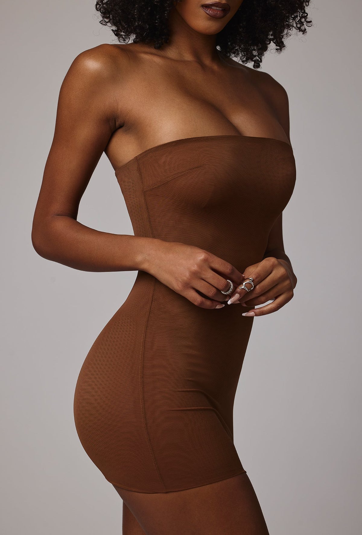 Soft Sheer-Mesh Bandeau Mini Slip Dress in Mocha